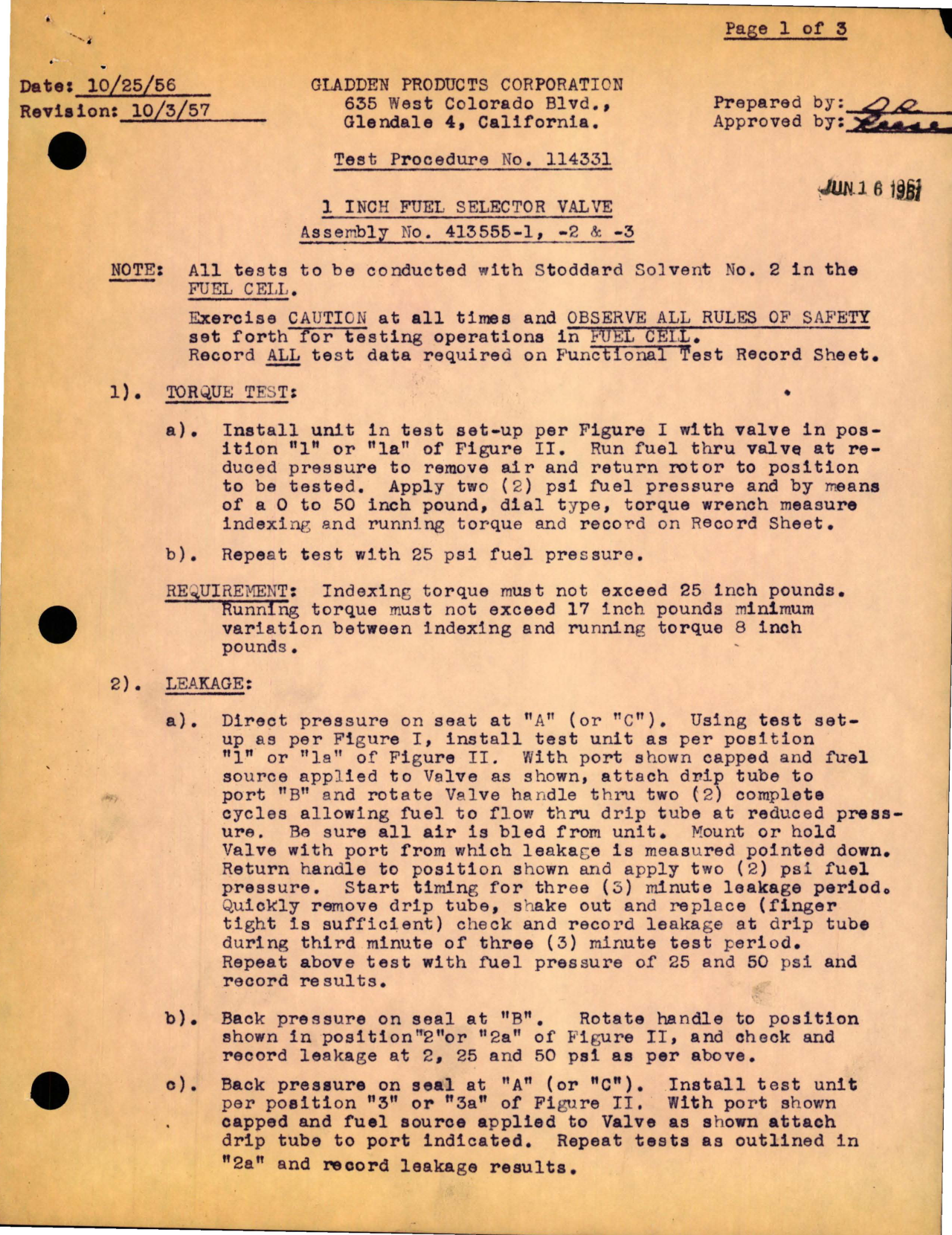Sample page 1 from AirCorps Library document: Fuel Selector Valve - 1 inch - Assembly No. 413555-1, 413555-2, and 413555-3 