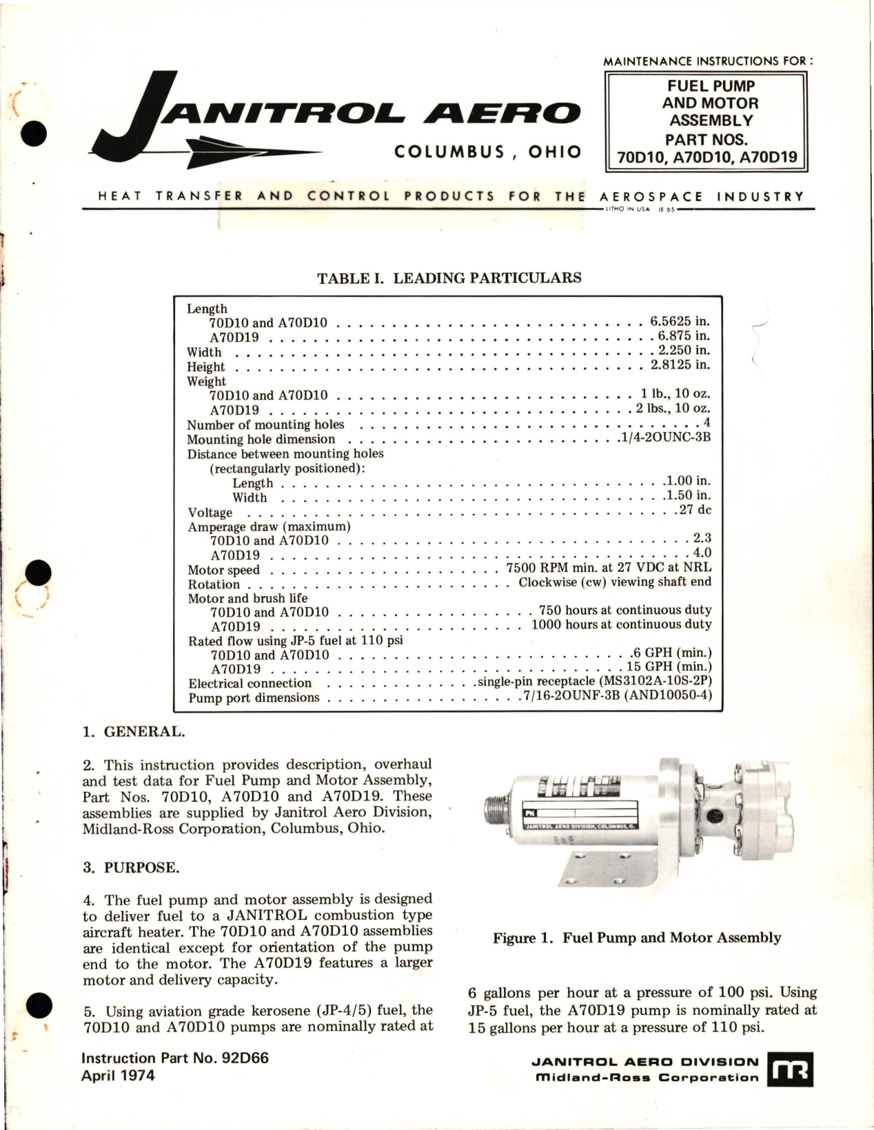 Sample page 1 from AirCorps Library document: Maintenance Instructions for Fuel Pump and Motor Assembly - Parts 70D10, A70D10, and A70D19