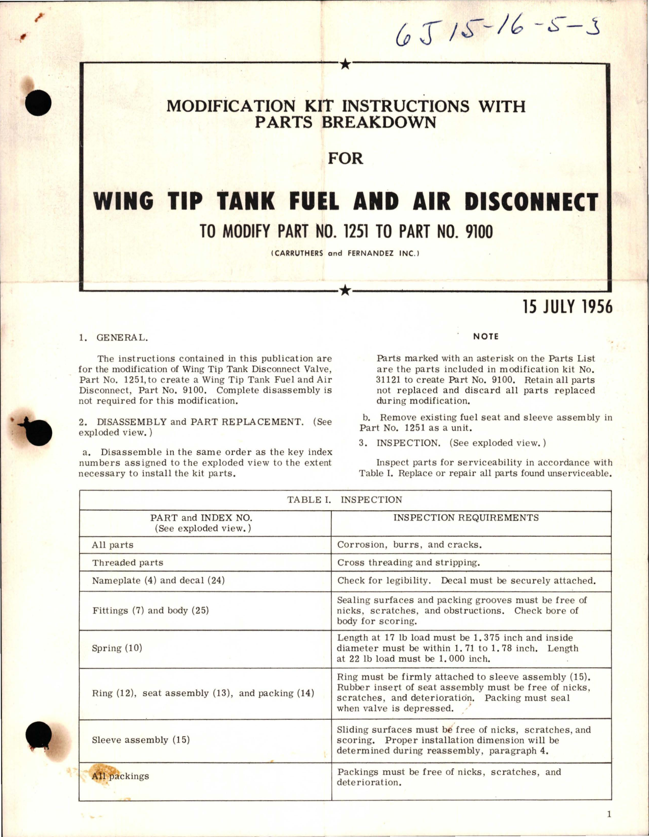 Sample page 1 from AirCorps Library document: Modification Kit Instructions with Parts Breakdown for Wing Tip Tank Disconnect Valve - Parts 1251 to 9100