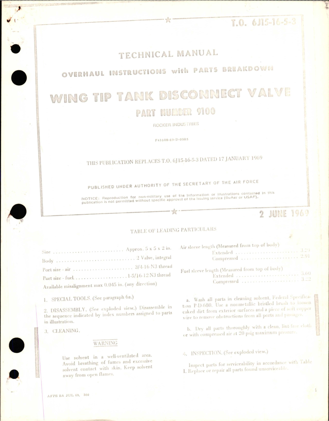 Sample page 1 from AirCorps Library document: Overhaul Instructions with Parts Breakdown for Wing Tip Tank Disconnect Valve - Part 9100