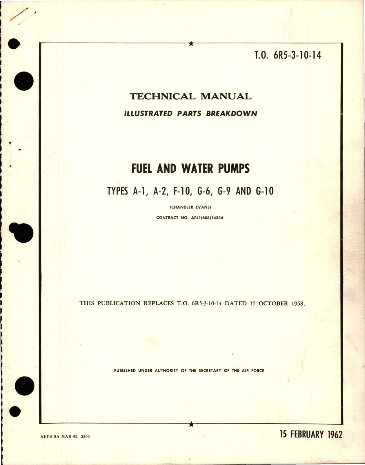 Sample page 1 from AirCorps Library document: Illustrated Parts Breakdown for Fuel and Water Pumps - Types A-1, A-2, F-10, G-6, and G-10 