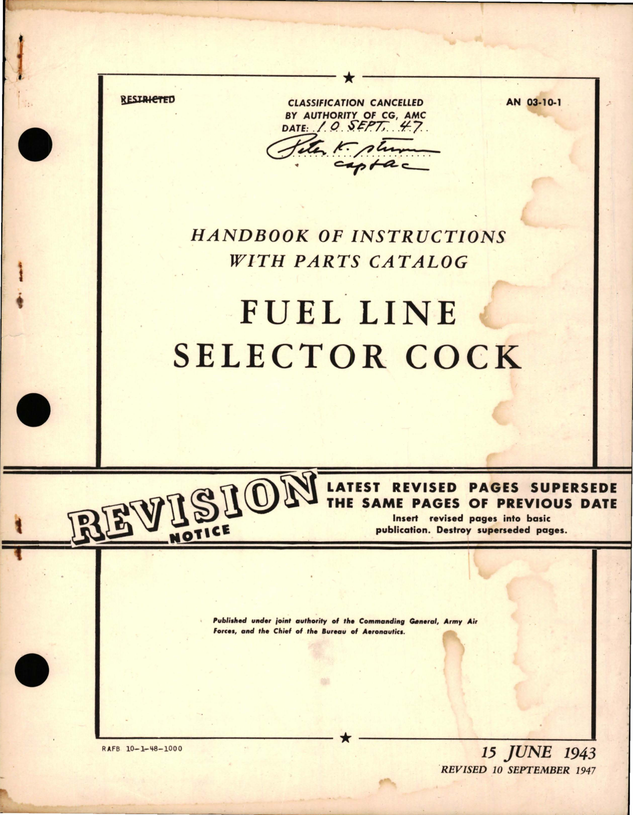 Sample page 1 from AirCorps Library document: Parts Catalog for Fuel Line Selector Cock