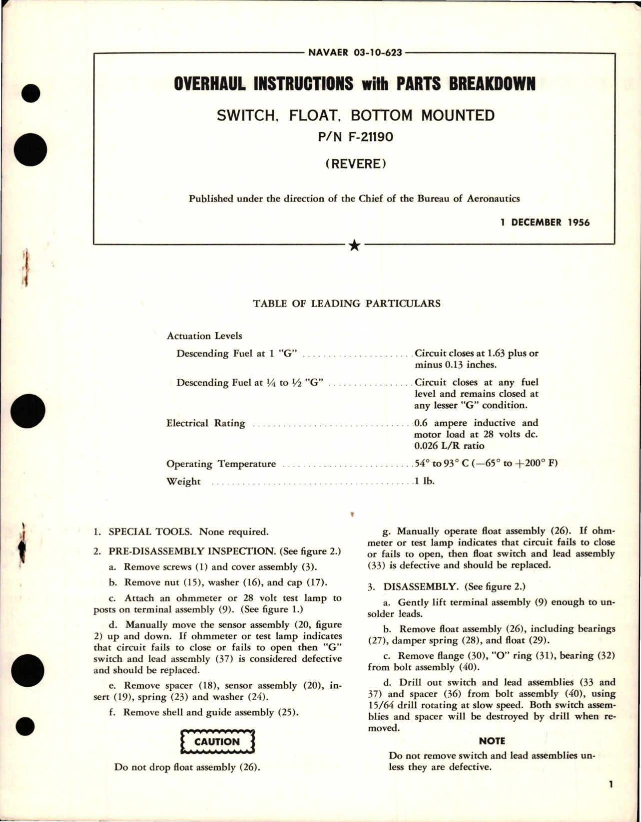 Sample page 1 from AirCorps Library document: Overhaul Instructions with Parts Breakdown for Bottom Mounted Float Switch - F-21190