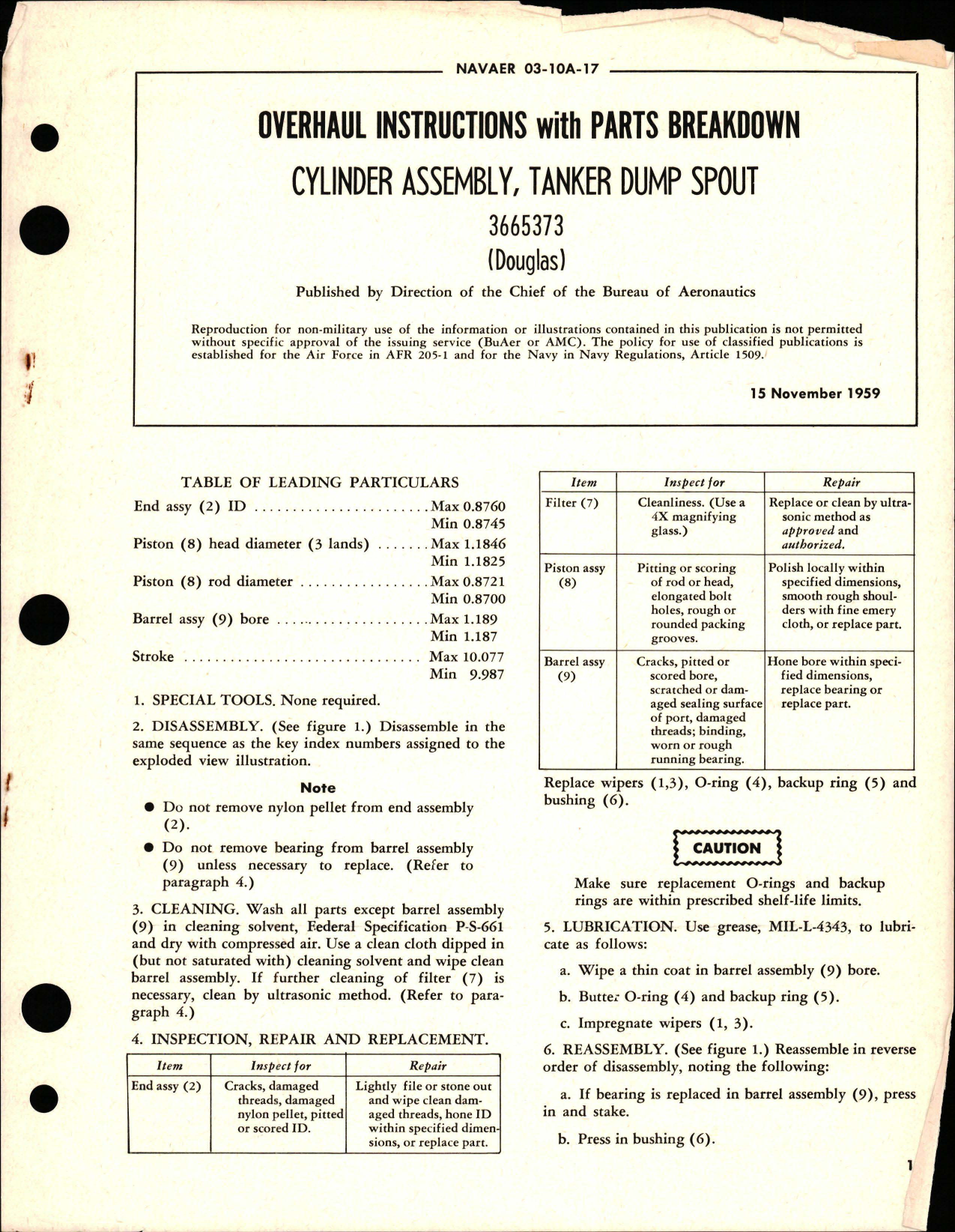 Sample page 1 from AirCorps Library document: Overhaul Instructions with Parts Breakdown for Tanker Dump Spout Cylinder Assembly - 3665373