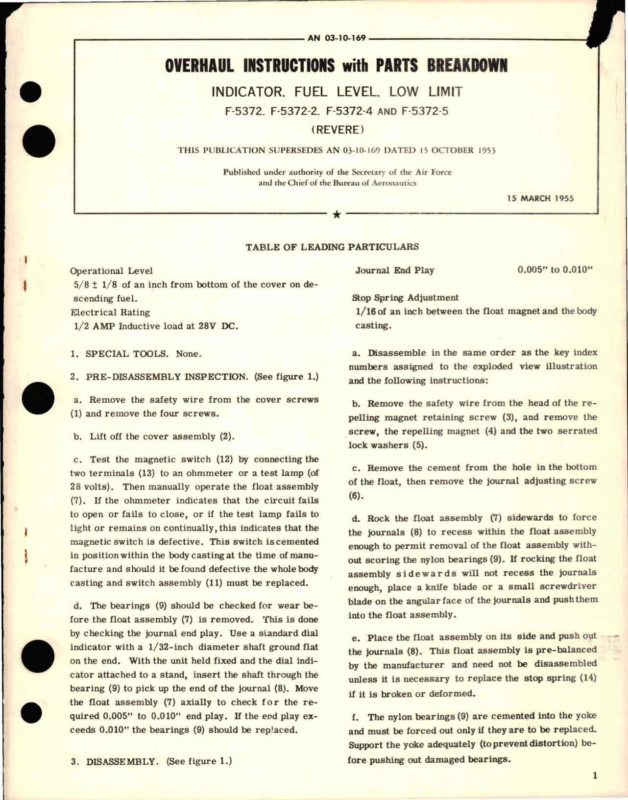 Sample page 1 from AirCorps Library document: Overhaul Instructions with Parts Breakdown for Low Limit Fuel Level Indicator 