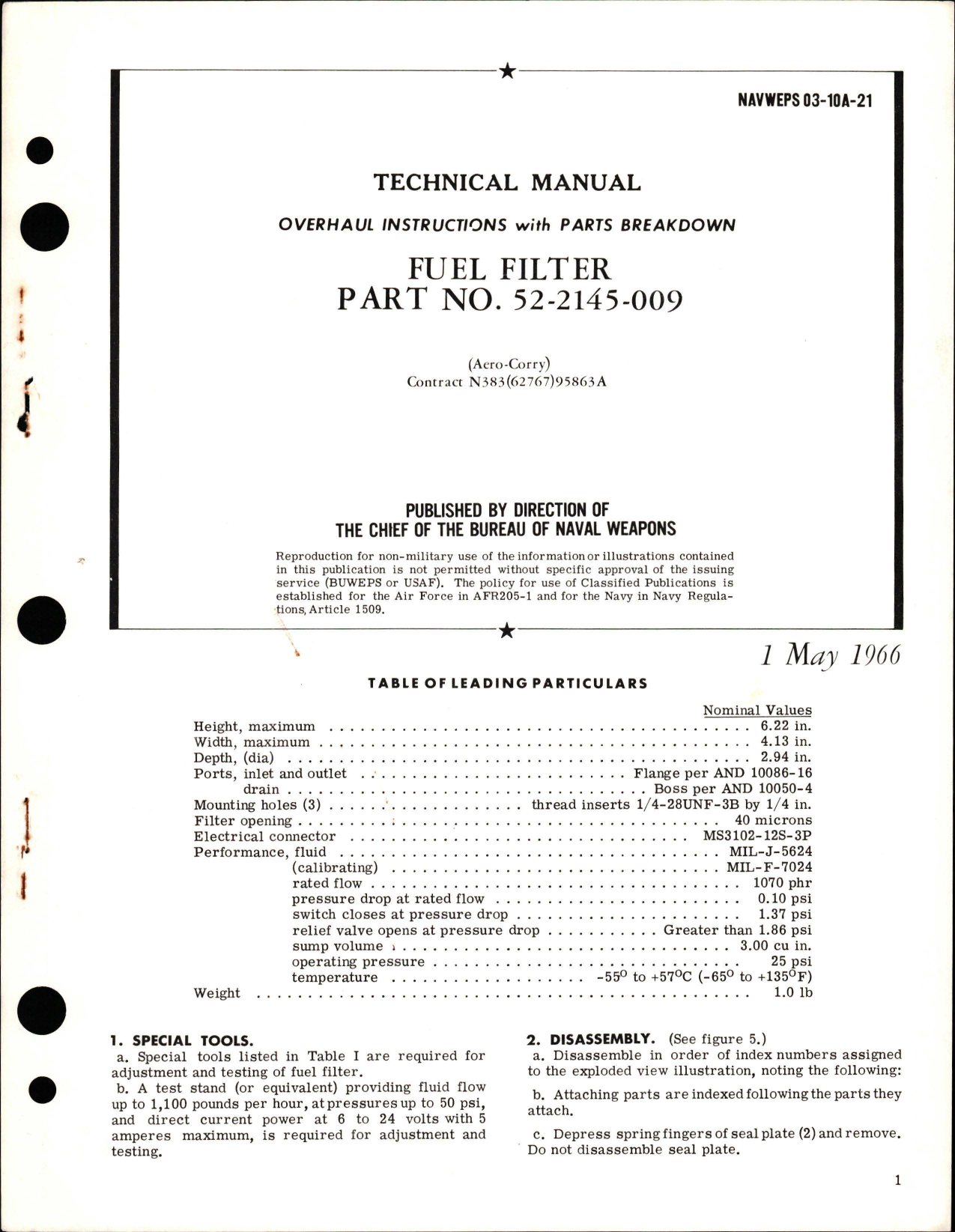Sample page 1 from AirCorps Library document: Overhaul Instructions with Parts Breakdown for Fuel Filter - Part 52-2145-009