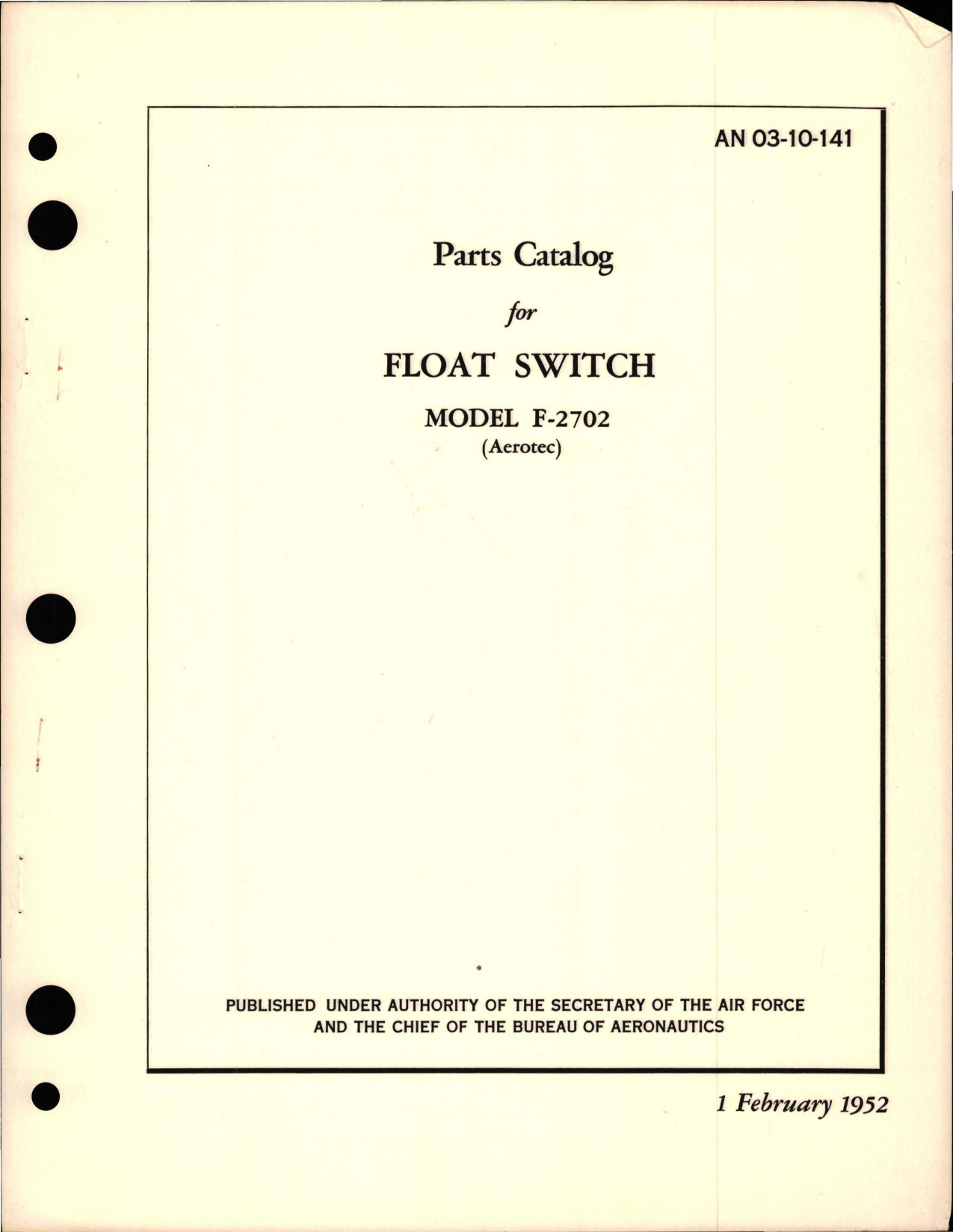 Sample page 1 from AirCorps Library document: Parts Catalog for Float Switch - Model F-2702