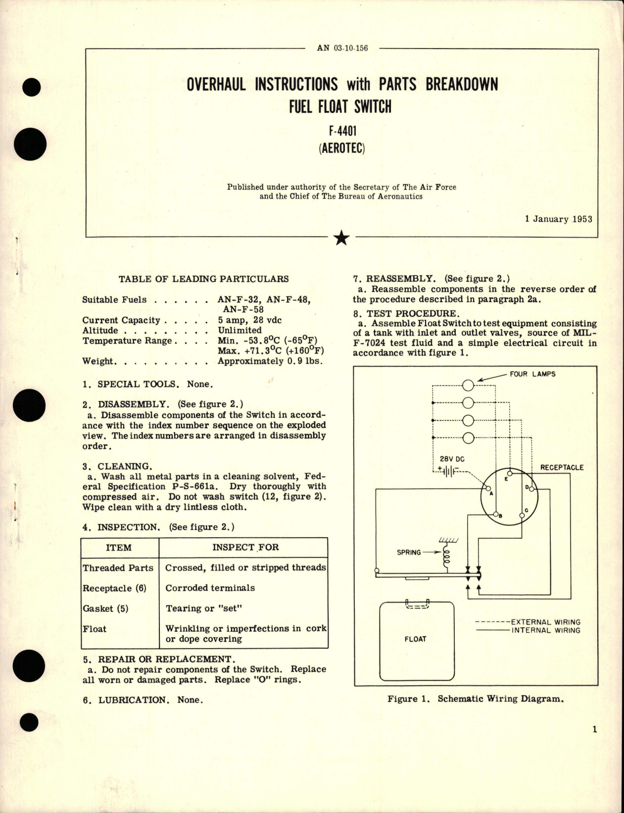Sample page 1 from AirCorps Library document: Overhaul Instructions with Parts Breakdown for Fuel Float Switch - F-4401