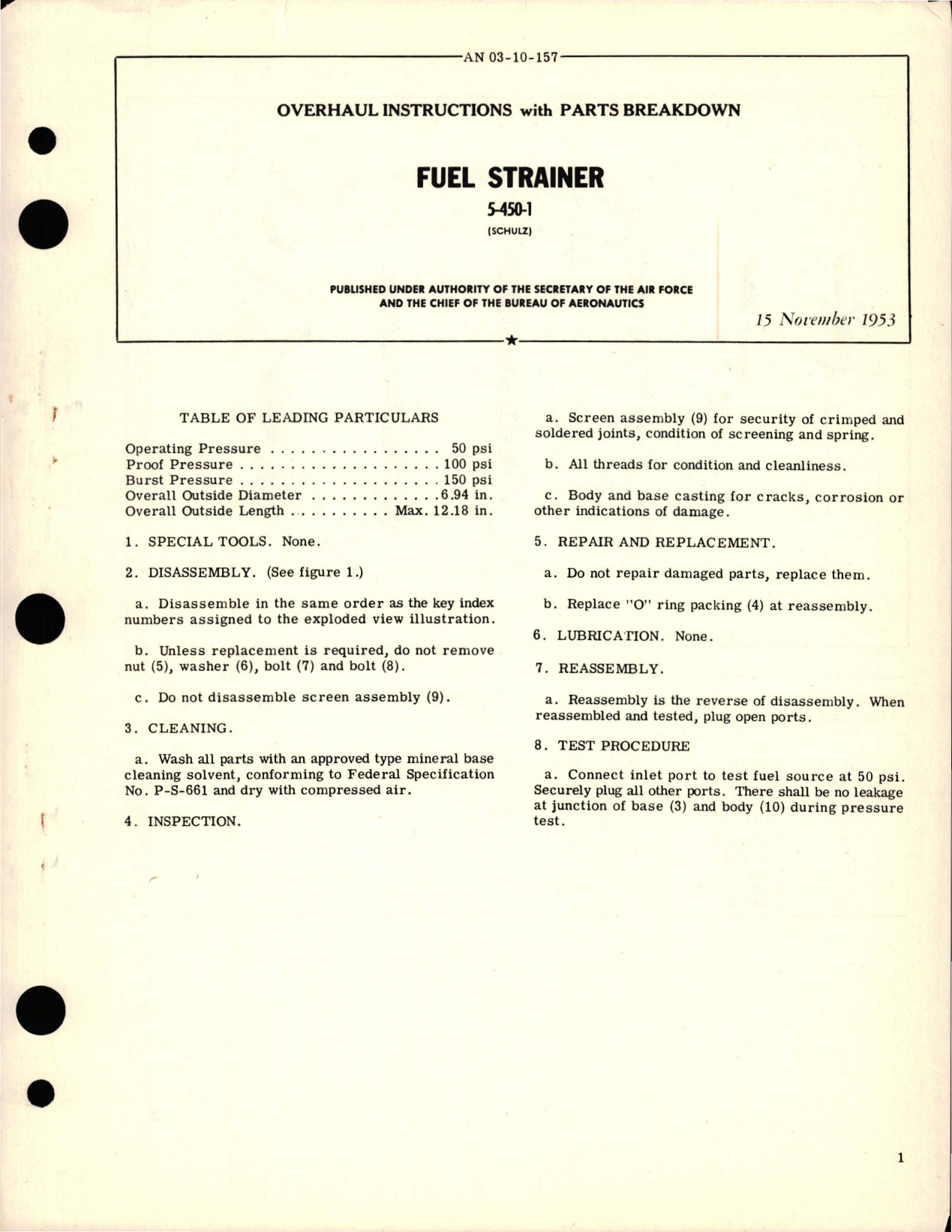 Sample page 1 from AirCorps Library document: Overhaul Instructions with Parts Breakdown for Fuel Strainer - 5-450-1