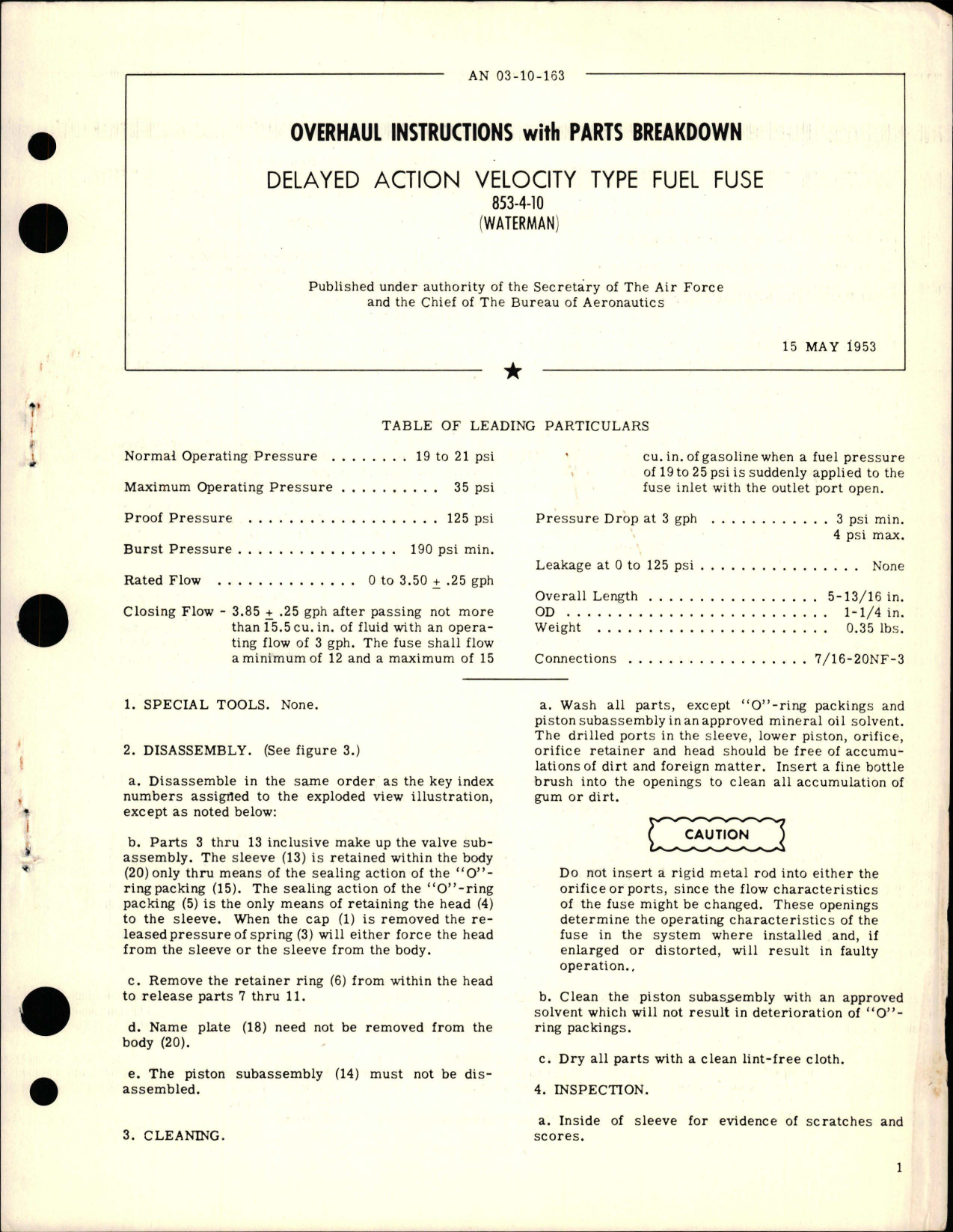 Sample page 1 from AirCorps Library document: Overhaul Instructions with Parts Breakdown for Delayed Action Velocity Type Fuel Fuse - 853-4-10