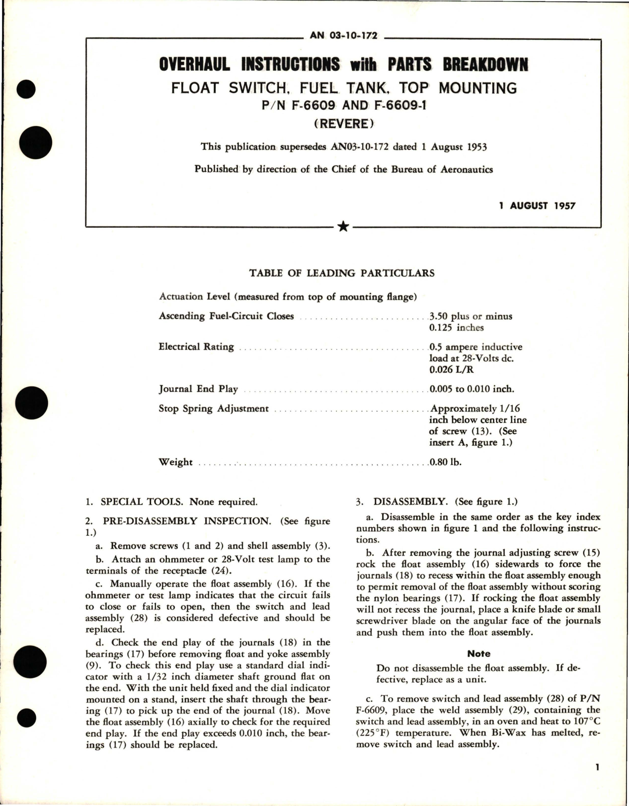 Sample page 1 from AirCorps Library document: Overhaul Instructions with Parts for Top Mounting Fuel Tank Float Switch - Parts F-6609, F-6609-1