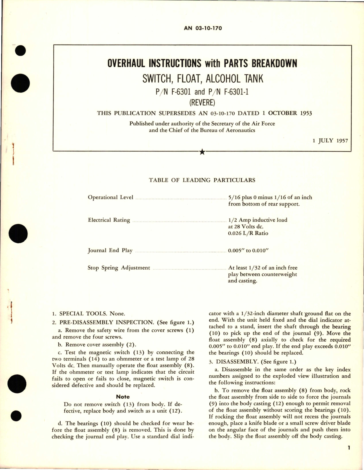 Sample page 1 from AirCorps Library document: Overhaul Instructions with Parts Breakdown for Alcohol Tank Float Switch - F-6301, F-6301-1