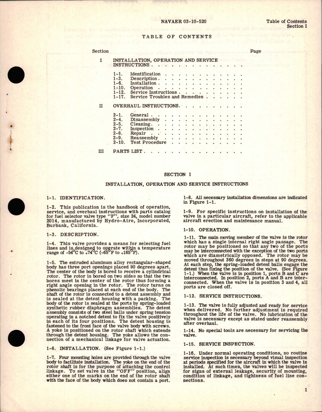 Sample page 5 from AirCorps Library document: Operation, Service, and Overhaul Instructions with Parts Catalog for Fuel Selector Valve - Model 2014