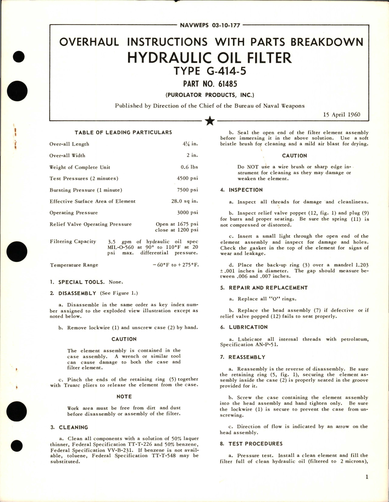 Sample page 1 from AirCorps Library document: Overhaul Instructions with Parts Breakdown for Hydraulic Oil Filter - Type G-414-5 - Part 61485