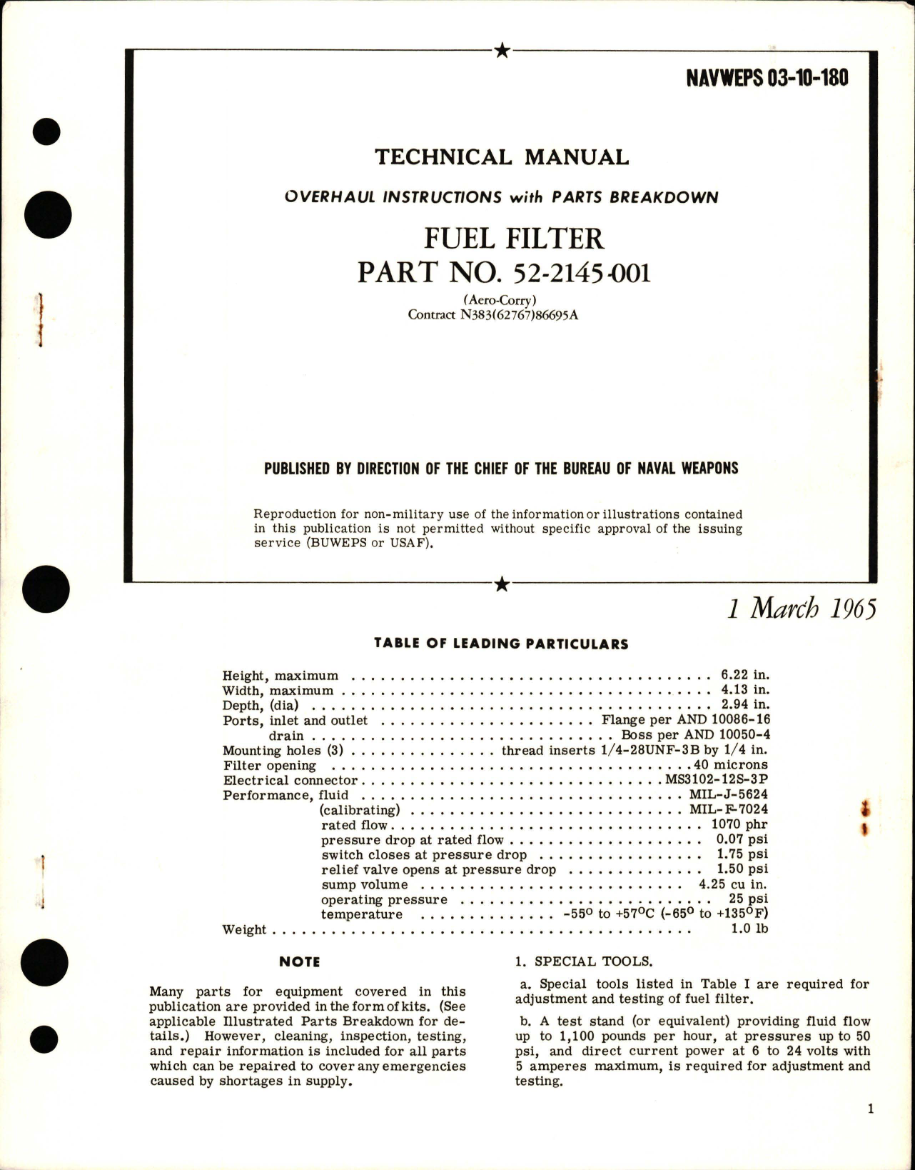 Sample page 1 from AirCorps Library document: Overhaul Instructions with Parts Breakdown for Fuel Filter - Part 52-2145-001 