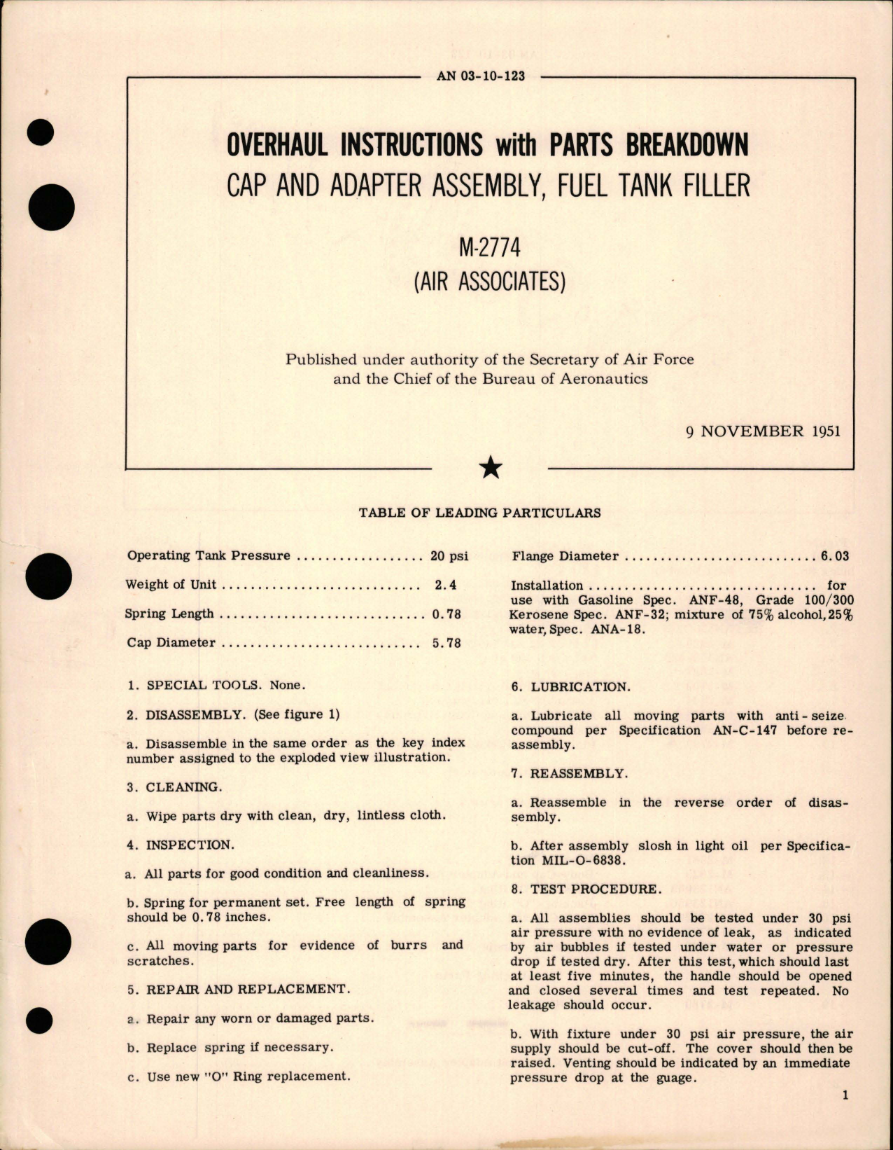 Sample page 1 from AirCorps Library document: Overhaul Instructions with Parts Breakdown for Fuel Tank Filler Cap and Adapter Assembly - M-2774