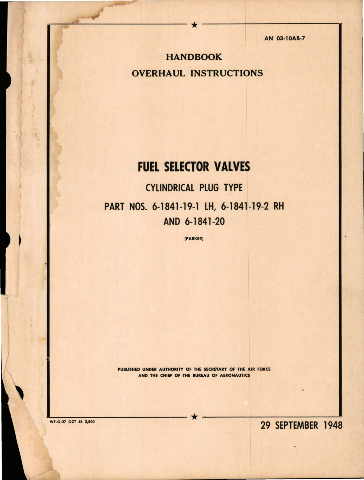 Sample page 1 from AirCorps Library document: Overhaul Instructions for Fuel Selector Valves - Cylindrical Plug Type