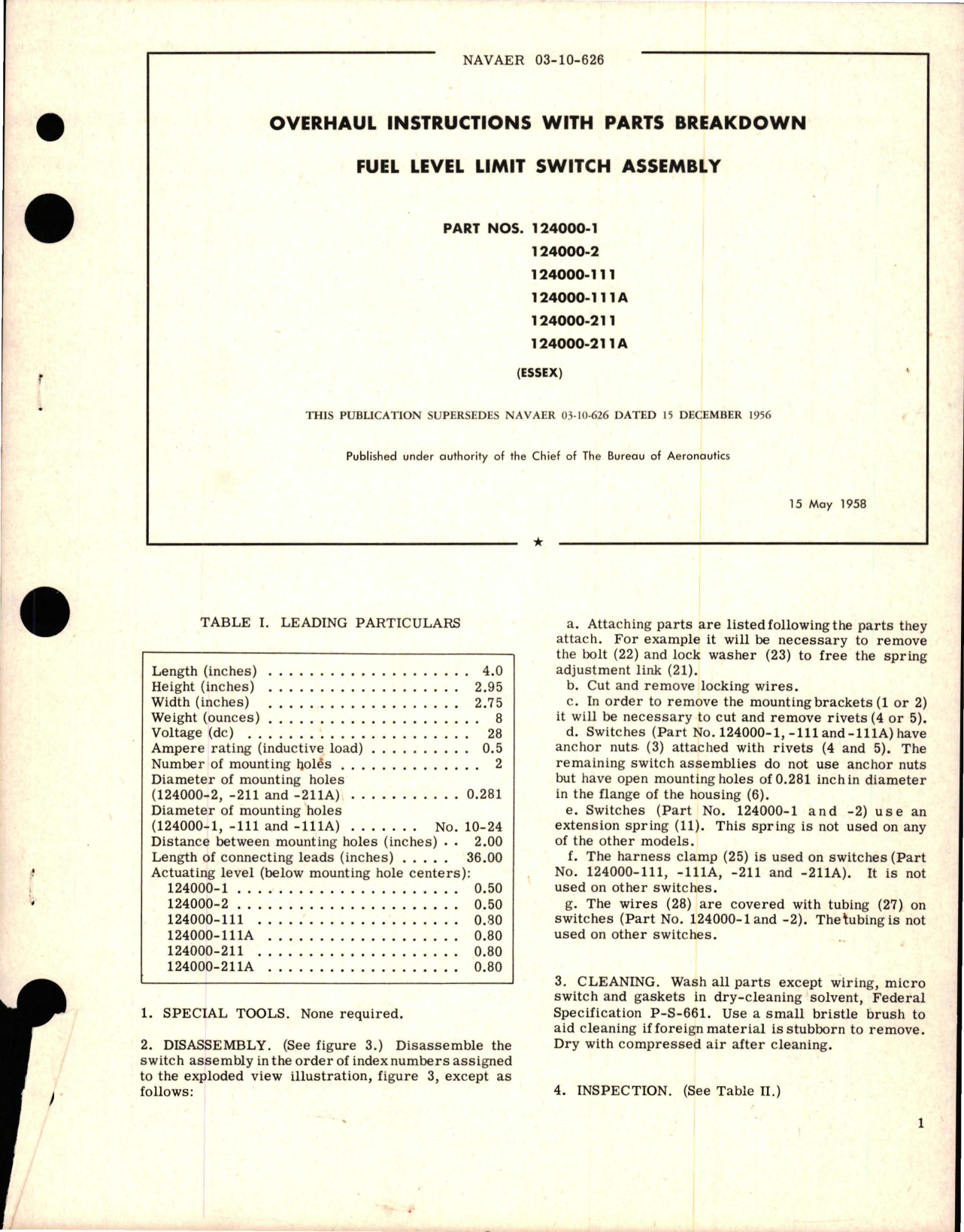 Sample page 1 from AirCorps Library document: Overhaul Instructions with Parts Breakdown for Fuel Level Limit Switch Assembly