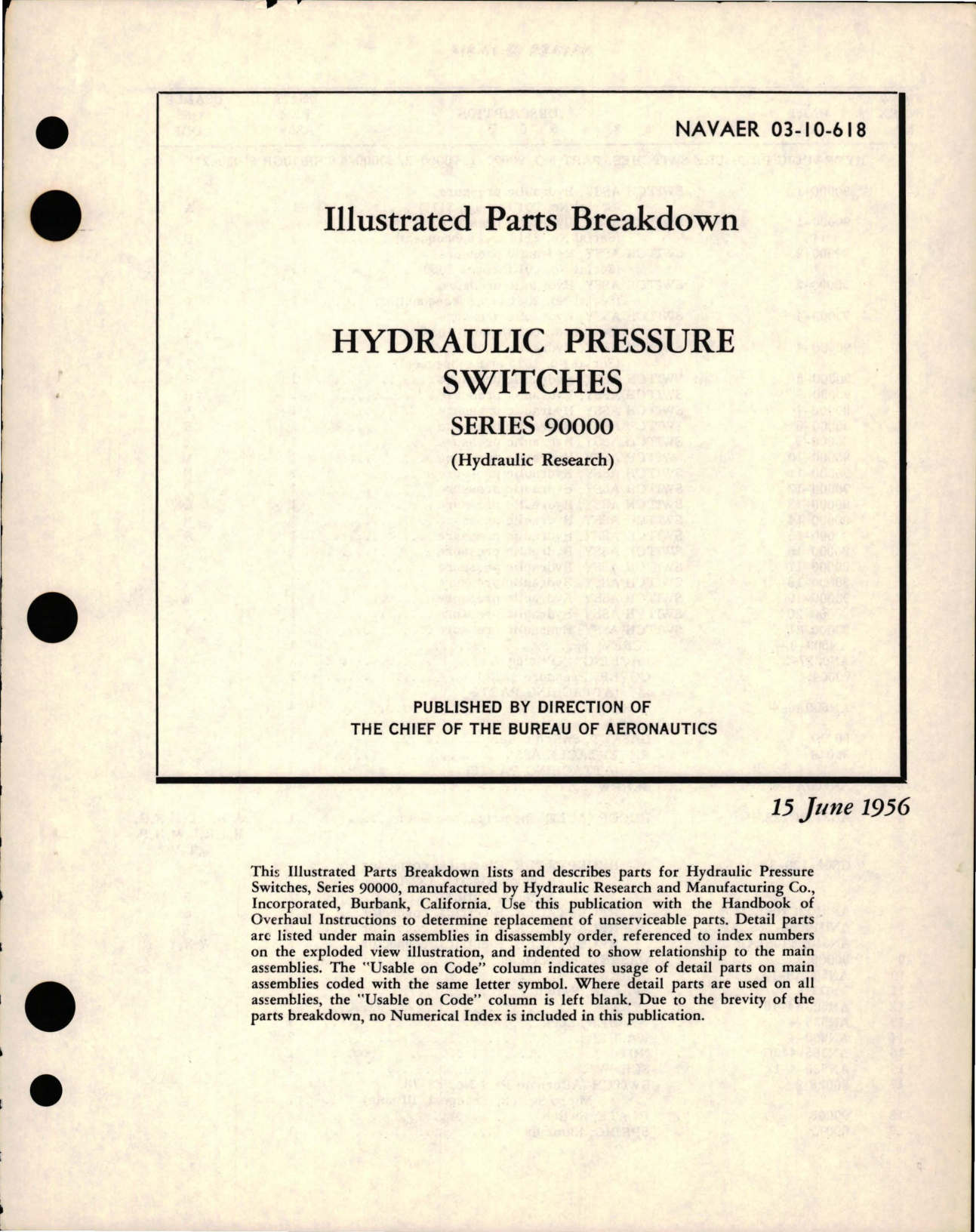 Sample page 1 from AirCorps Library document: Illustrated Parts Breakdown for Hydraulic Pressure Switches - Series 90000