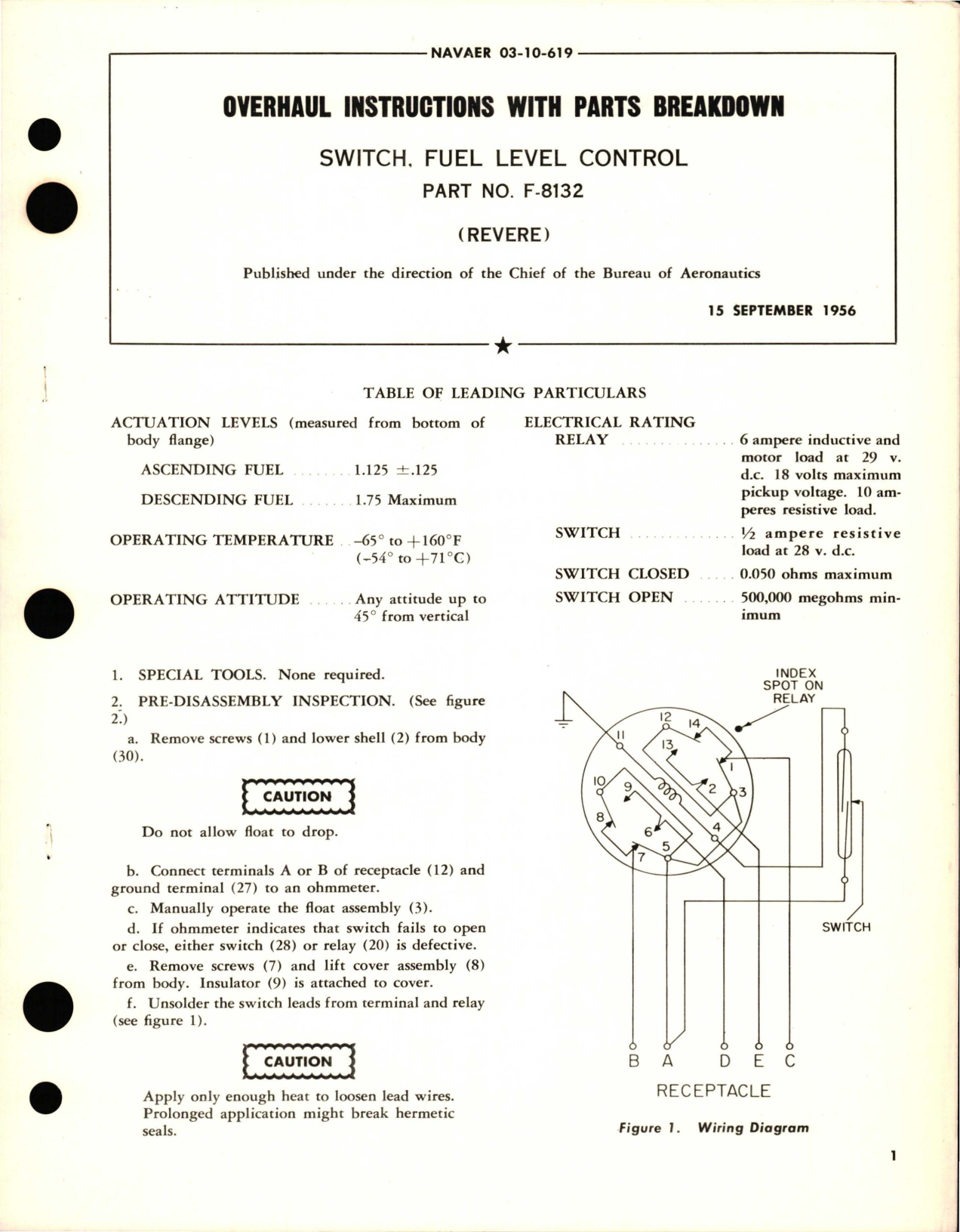 Sample page 1 from AirCorps Library document: Overhaul Instructions with Parts Breakdown for Fuel Level Control Switch - Part F-8132