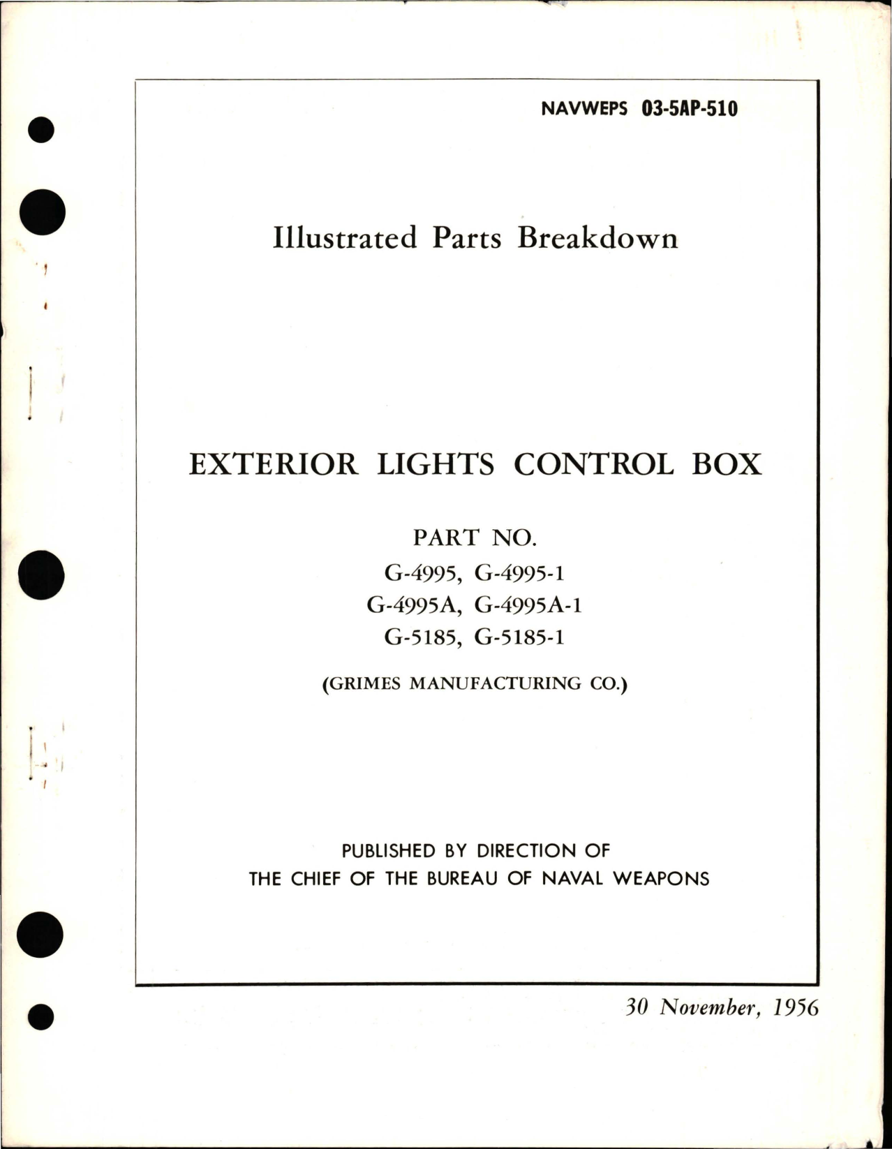 Sample page 1 from AirCorps Library document: Illustrated Parts Breakdown for Exterior Lights Control Box - Parts G-4995, G-4995-1, G-4995A, G-4995A-1, G-5185, and G-5185-1