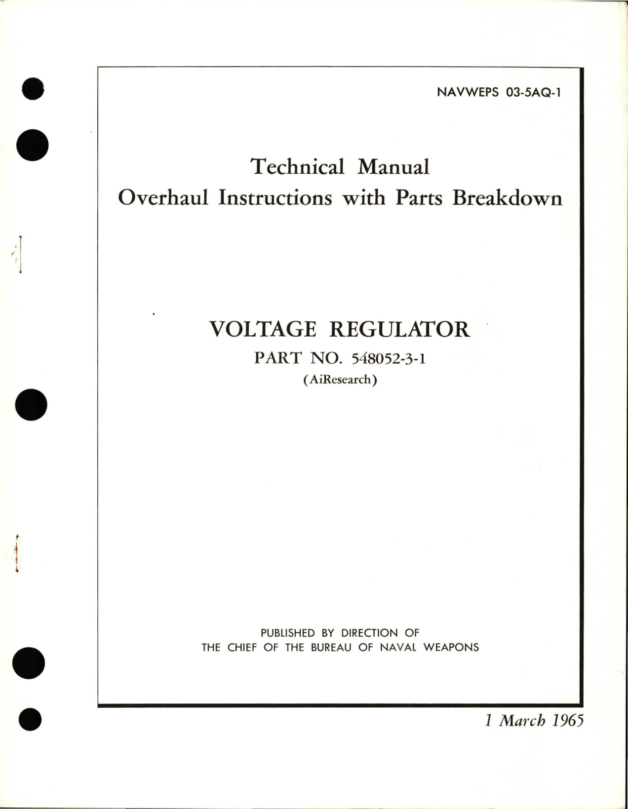 Sample page 1 from AirCorps Library document: Overhaul Instructions with Parts Breakdown for Voltage Regulator - Part 548052-3-1