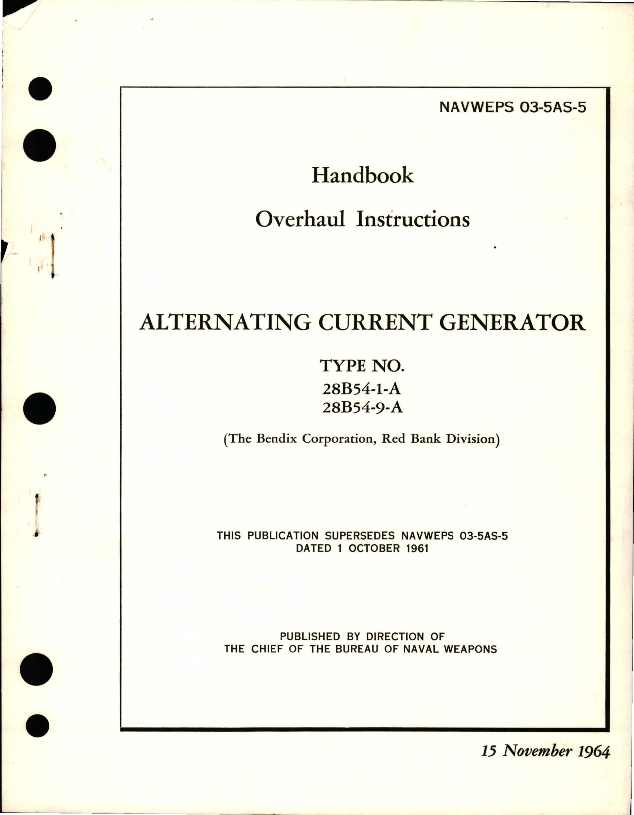 Sample page 1 from AirCorps Library document: Overhaul Instructions for Alternating Current Generator - Types 28B54-1-A and 28B54-9-A 