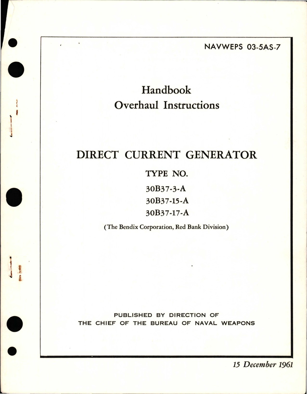 Sample page 1 from AirCorps Library document: Overhaul Instructions for Direct Current Generator (Starter Generator) Types 30B37-3-A, 30B37-15-A, 30B37-17-A