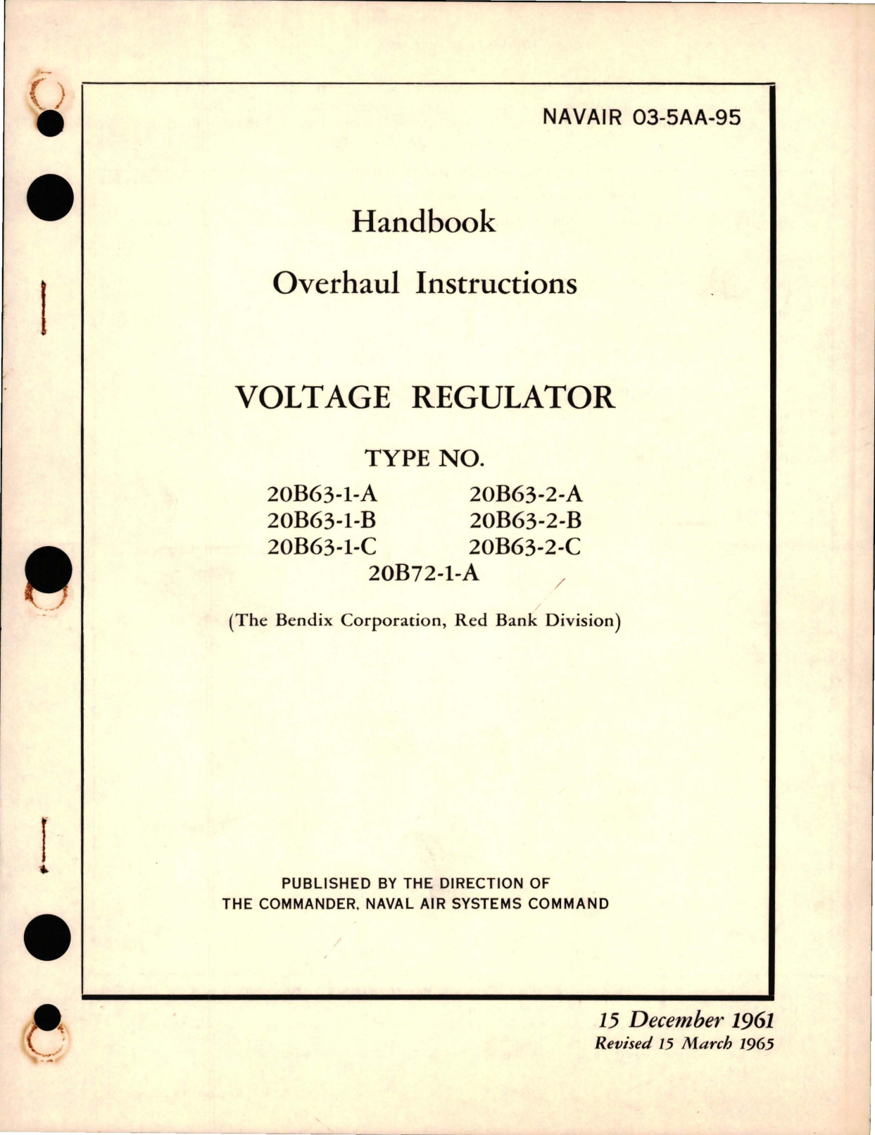 Sample page 1 from AirCorps Library document: Overhaul Instructions for Voltage Regulator - Types 20B63-1-A, 20B63-1-B, 20B63-1-C, 20B63-2-A, 20B63-2-B, 20B63-2-C, 20B72-1-A