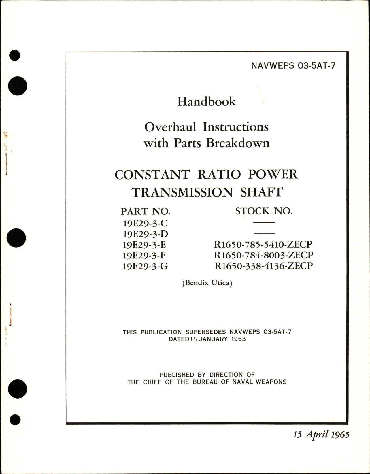 Sample page 1 from AirCorps Library document: Overhaul Instructions with Parts Breakdown for Constant Ratio Power Transmission Shaft - Part 19E29-3-C, -D, -E, -F, -G 