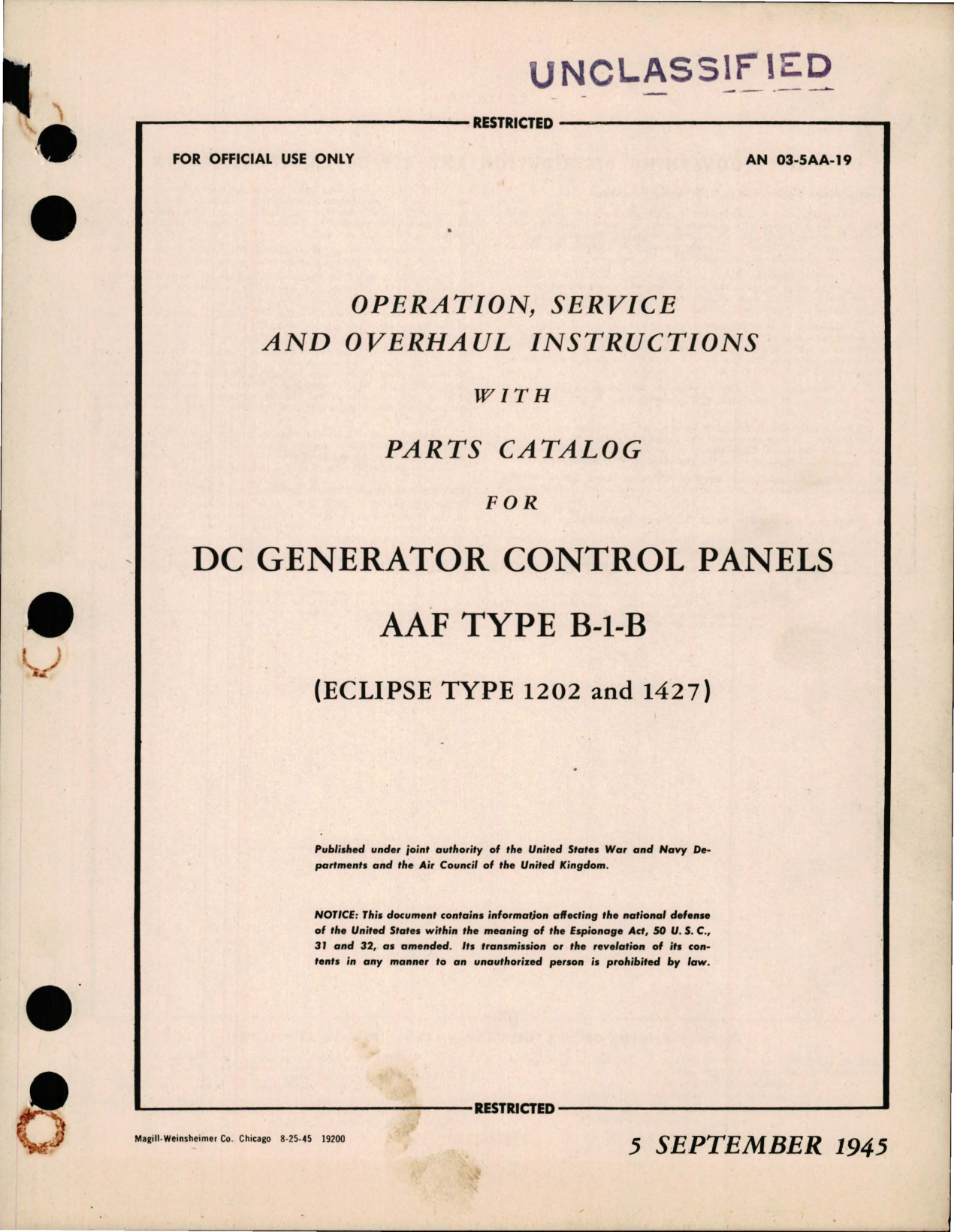 Sample page 1 from AirCorps Library document: Operation, Service & Overhaul Instructions with Parts Catalog for DC Generator Control Panels -Types B-1-B, 1202, 1427