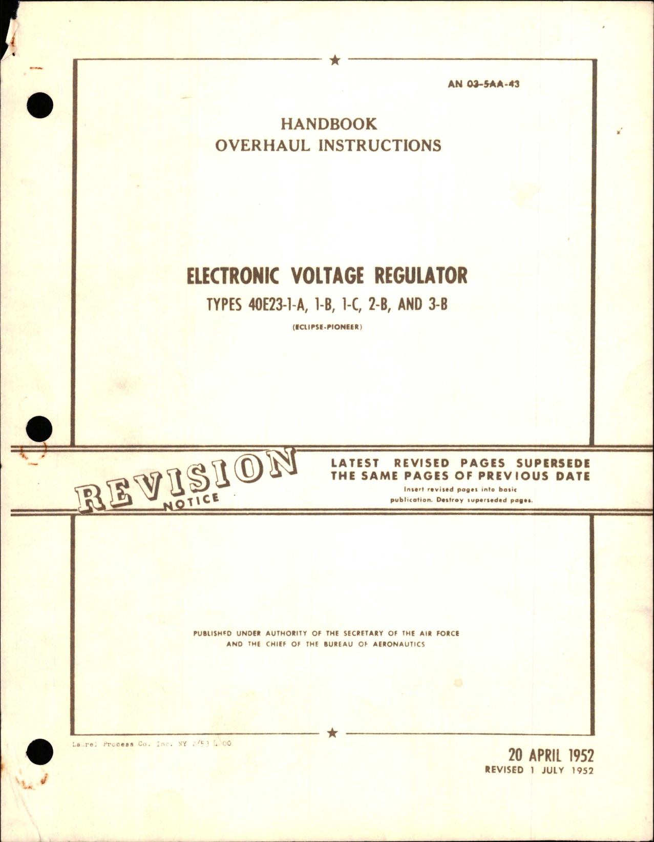 Sample page 1 from AirCorps Library document: Overhaul Instructions for Electronic Voltage Regulator - Types 40E23-1-A, 40E23-1-B, 40E23-1-C, 40E23-2-B, 40E23-3-B 