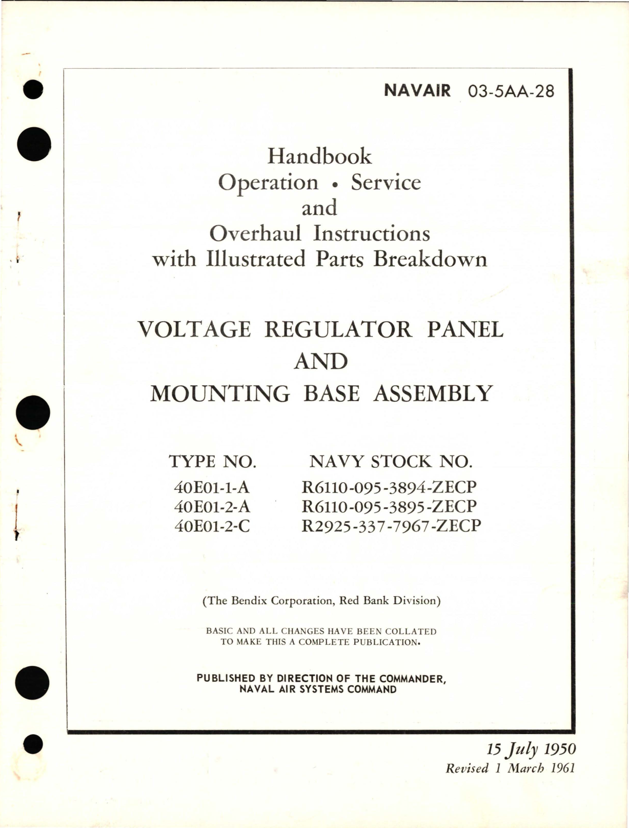Sample page 1 from AirCorps Library document: Operation, Service, and Overhaul Instructions with Illustrated Parts Breakdown for Voltage Regulator Panel and Mounting Base Assembly 