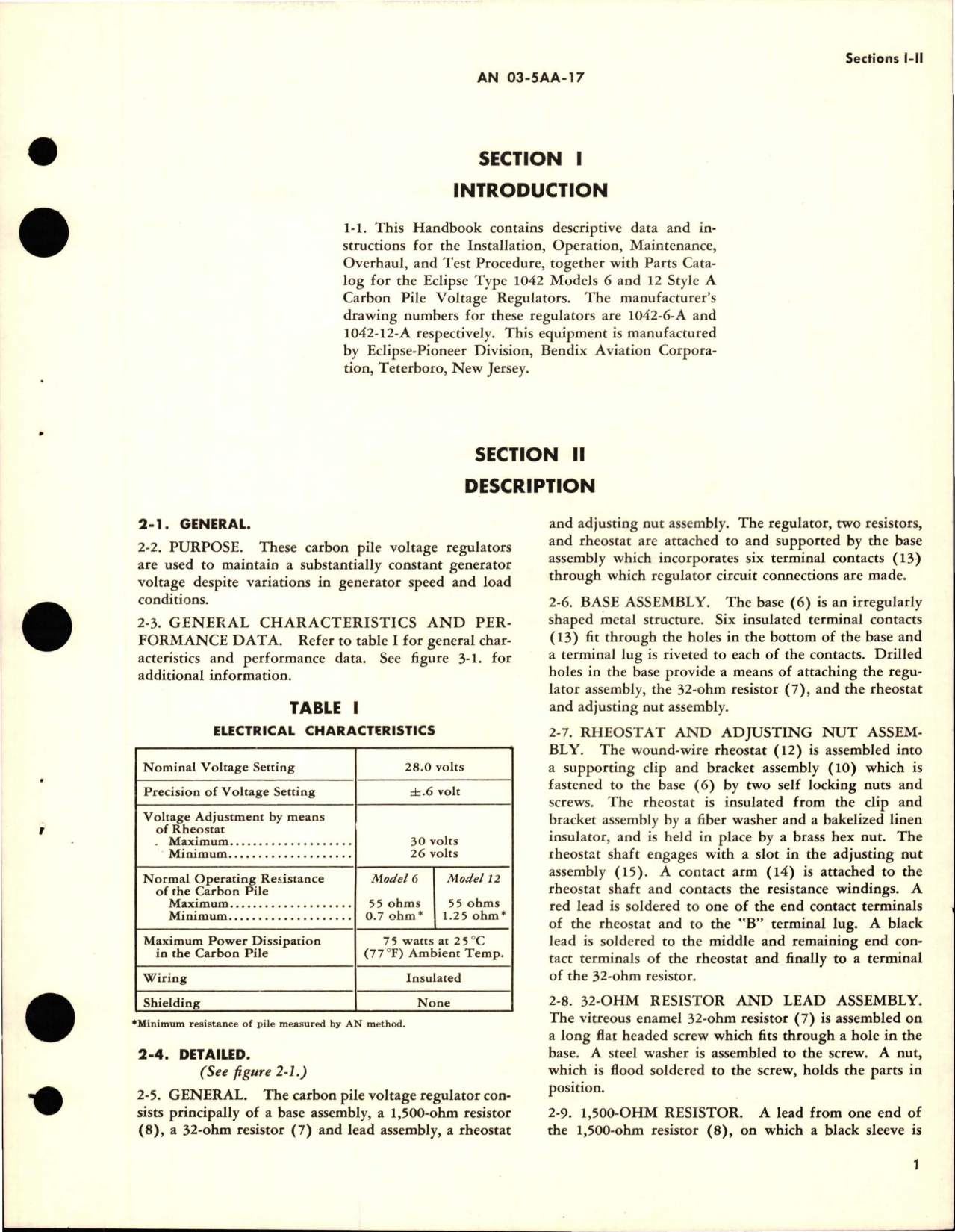 Sample page 5 from AirCorps Library document: Operation, Service, and Overhaul Instructions with Parts Catalog for Carbon Pile Voltage Regulator - 1042-6A and 1042-12A