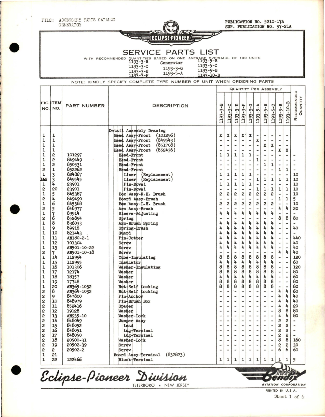Sample page 1 from AirCorps Library document: Service Parts List for Generators 