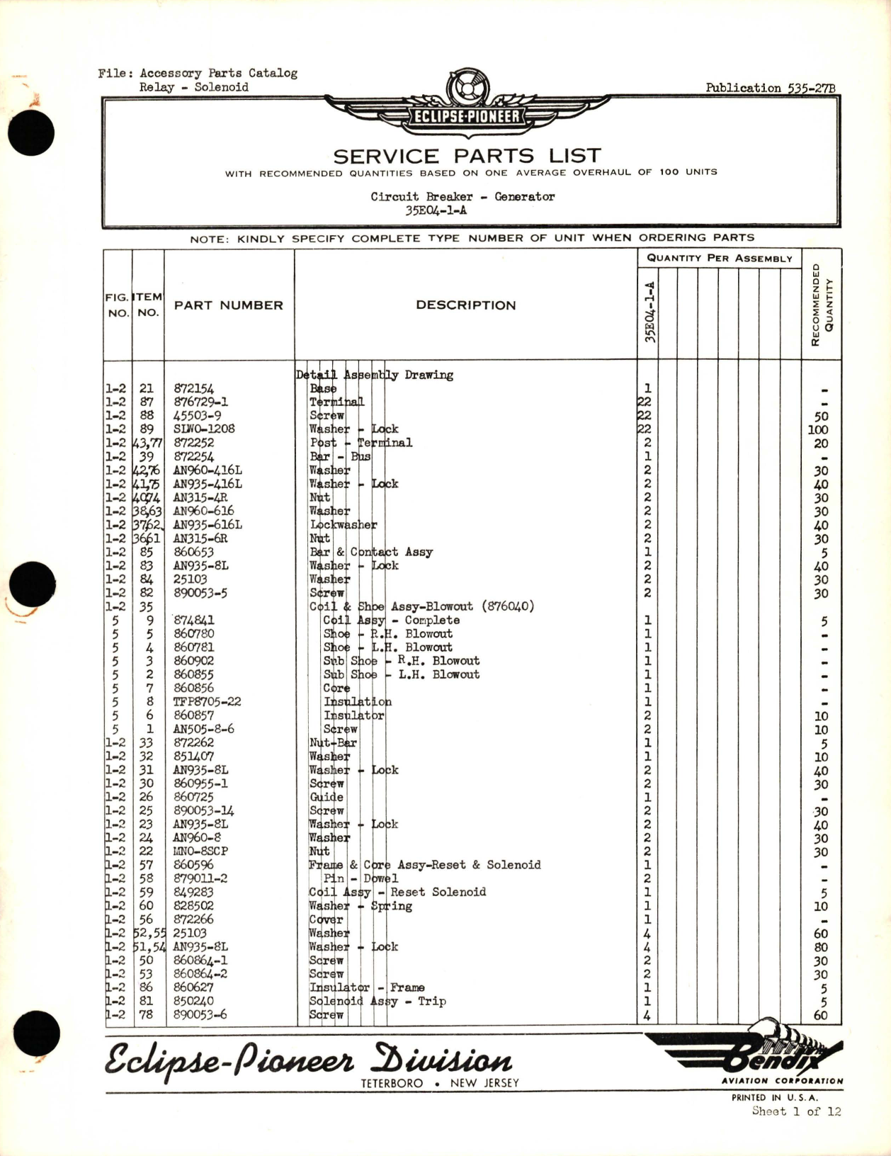 Sample page 1 from AirCorps Library document: Service Parts List for Circuit Breaker Generator - 35E04-1-4