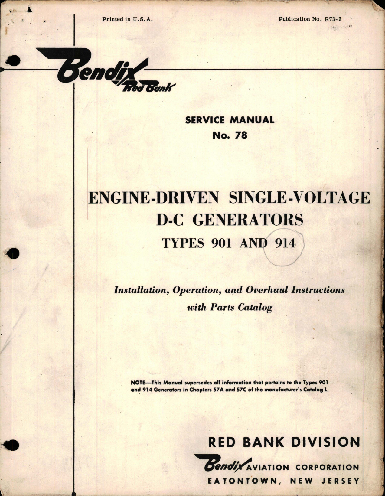 Sample page 1 from AirCorps Library document: Installation, Operation, and Overhaul Instructions with Parts Catalog for Engine Driven Single Voltage D-C Generators 