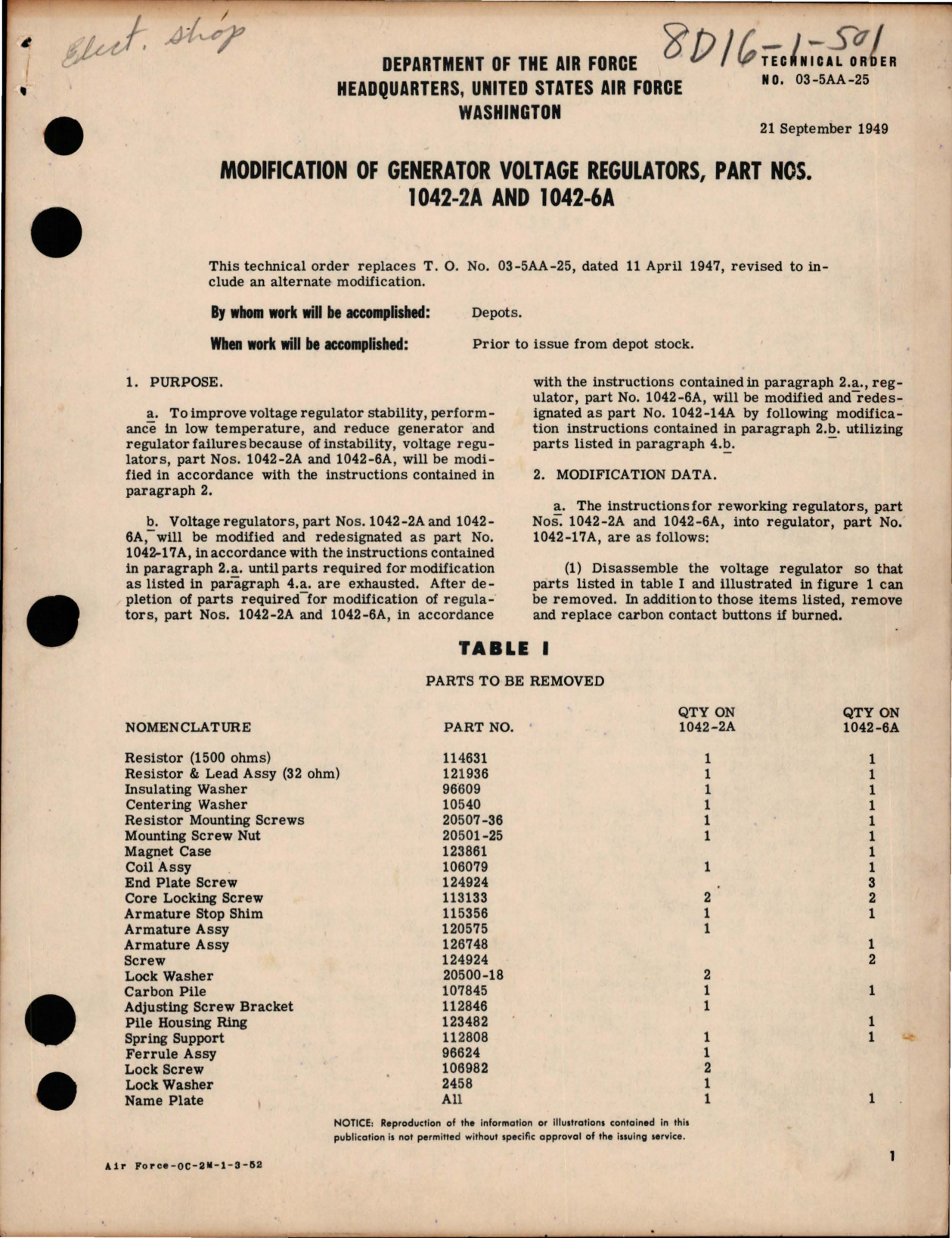 Sample page 1 from AirCorps Library document: Modification of Generator Voltage Regulators - Parts 1042-2A and 1042-6A