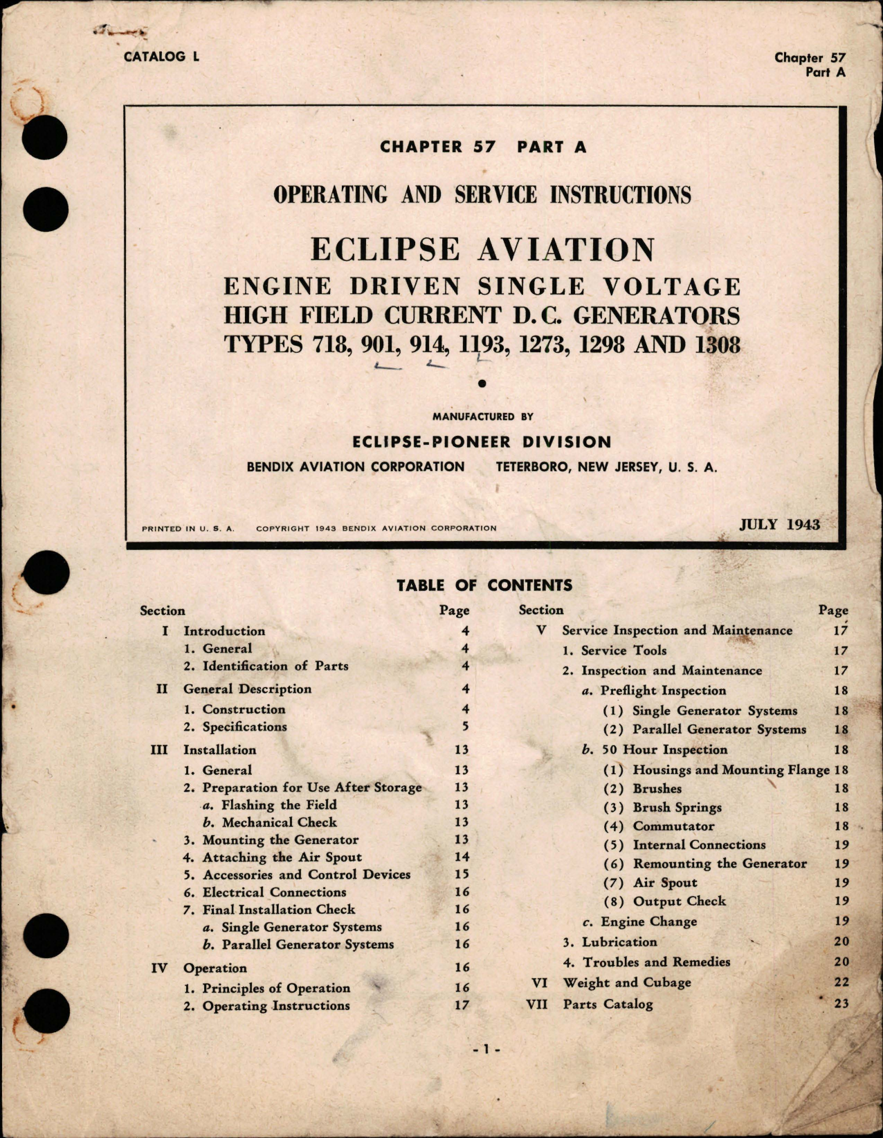 Sample page 1 from AirCorps Library document: Operating and Service Instructions for Engine Driven Single Voltage High Field Current DC Generators 