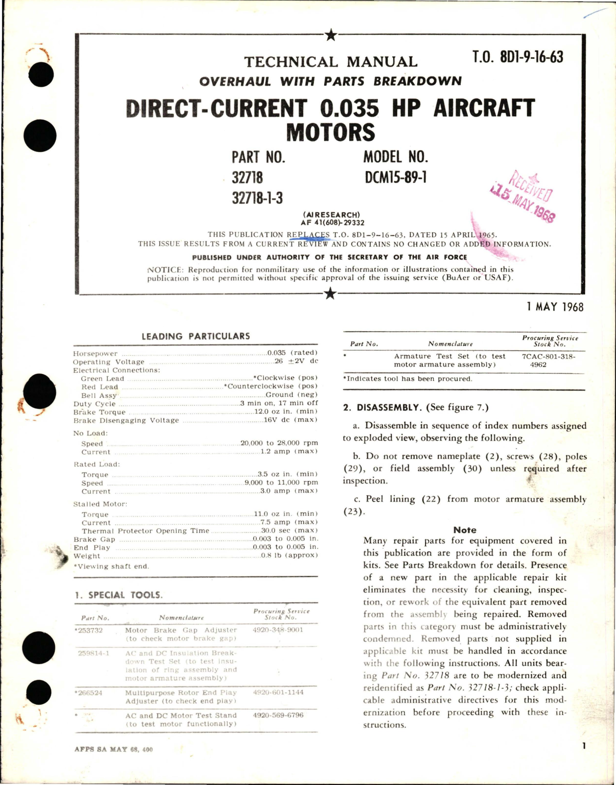 Sample page 1 from AirCorps Library document: Overhaul with Parts Breakdown for Direct-Current Motors - 0.035 HP - Parts 32718, 32718-1-3 - Model DCM15-89-1