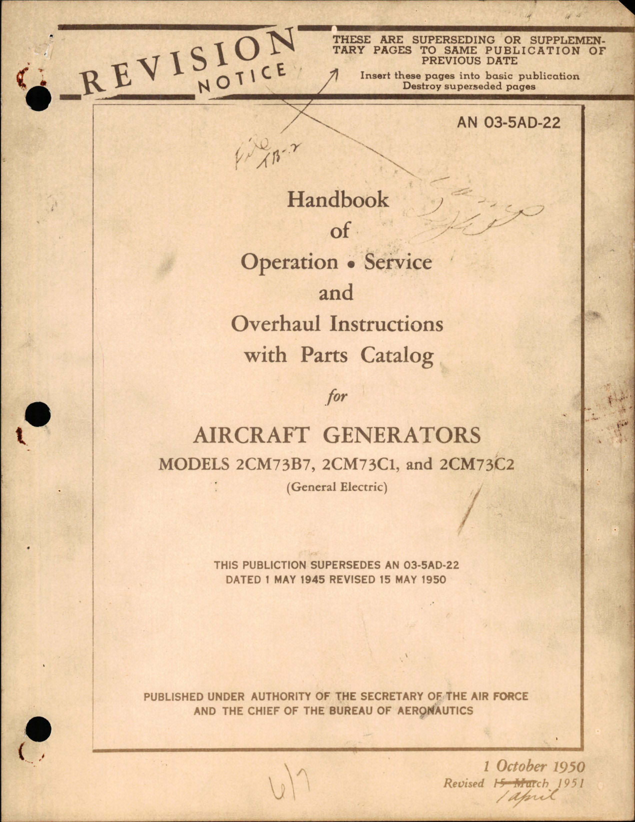 Sample page 1 from AirCorps Library document: Operation, Service, and Overhaul Instructions with Parts Catalog for Generators - Models 2CM73B7, 2CM73C1, and 2CM73C2