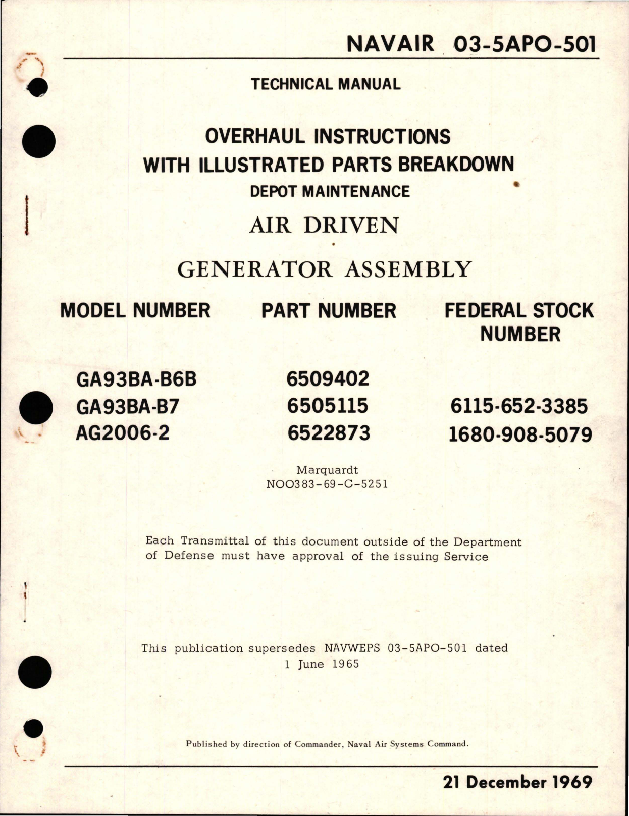 Sample page 1 from AirCorps Library document: Overhaul Instructions with Illustrated Parts Breakdown for Air Driven Generator Assembly