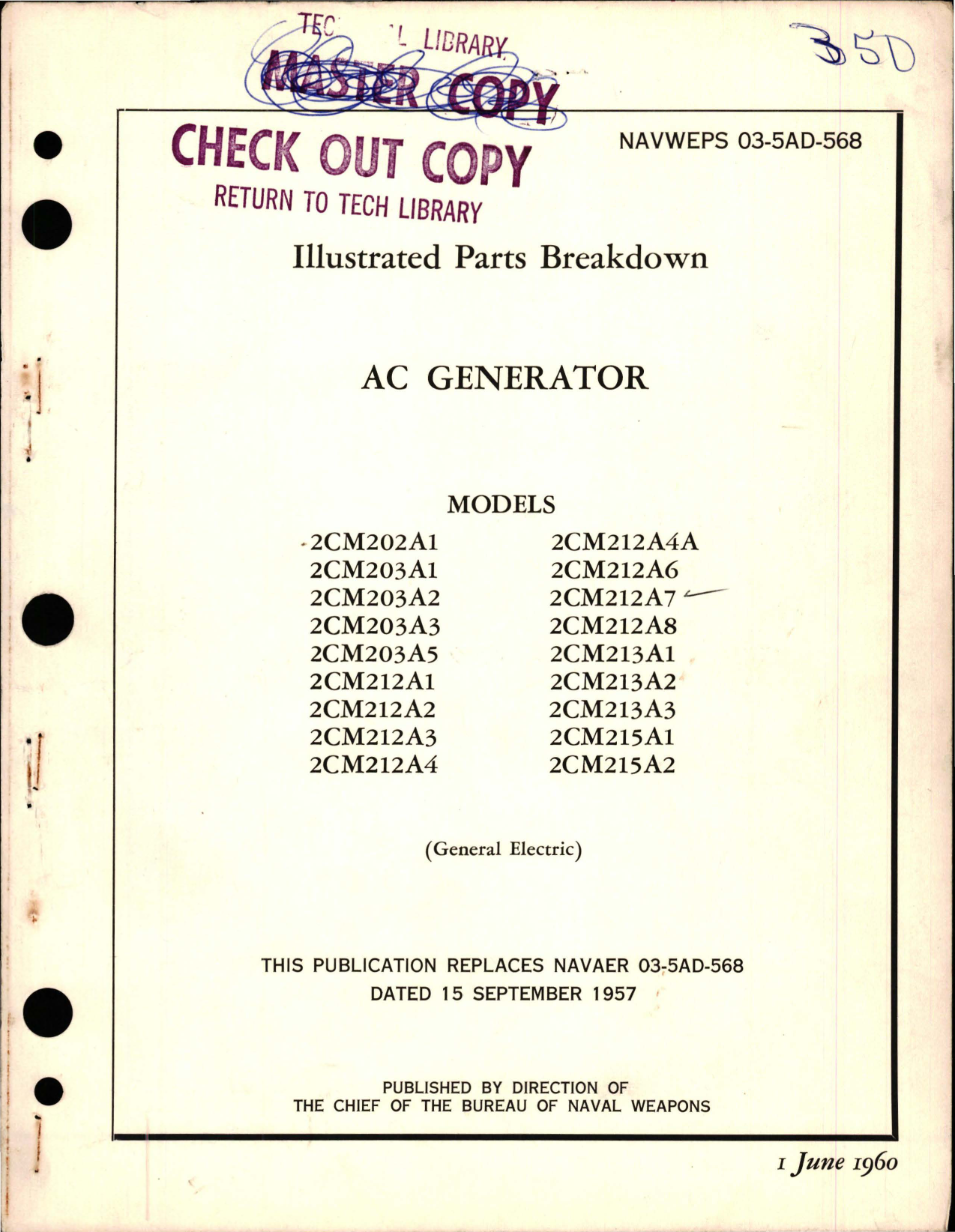 Sample page 1 from AirCorps Library document: Illustrated Parts Breakdown for AC Generator - Models 2CM202, 2CM203, 2CM212, 2CM213, 2CM215