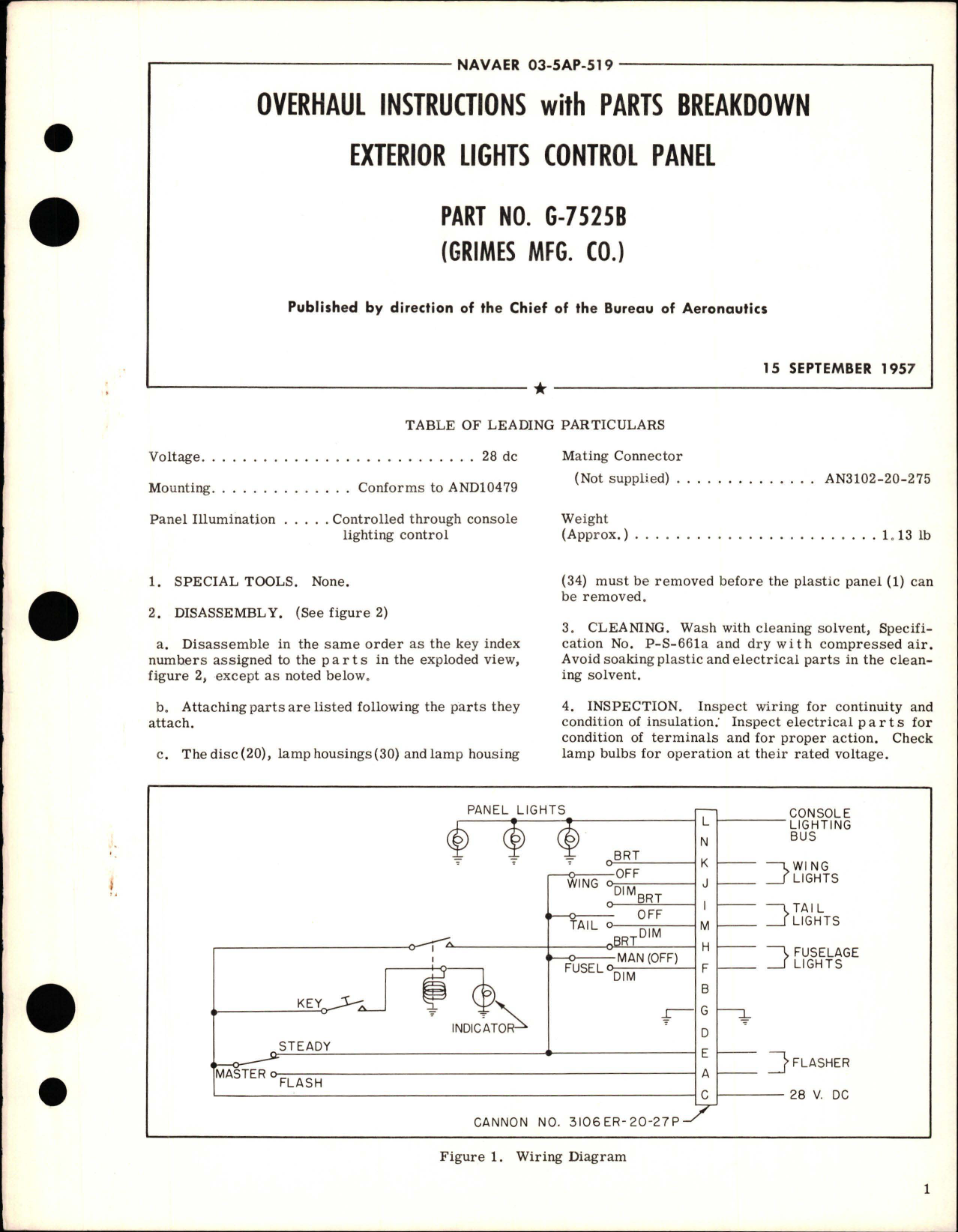 Sample page 1 from AirCorps Library document: Overhaul Instructions with Parts Breakdown for Exterior Lights Control Panel - Part G-7525B