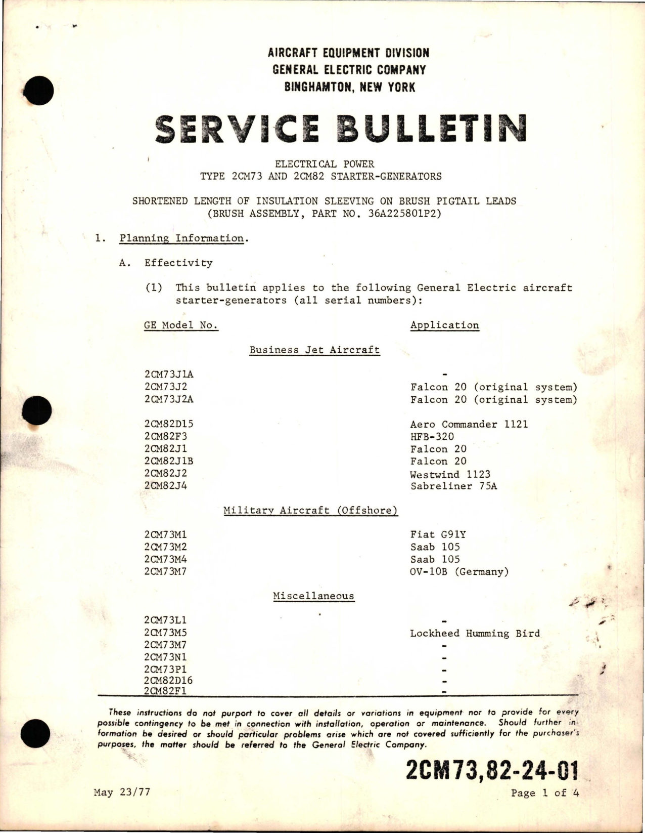 Sample page 1 from AirCorps Library document: Shortened Length of Insulation Sleeving on Brush Pigtail Leads - Part 36A225801P2 on Starter Generators - Types 2CM73 and 2CM82