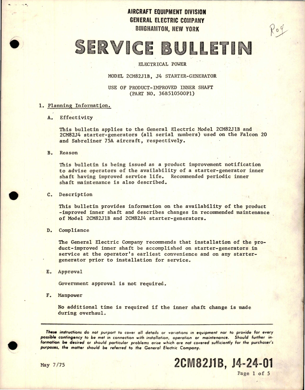 Sample page 1 from AirCorps Library document: Elecrtrical Power on J4 Starter Generator - Model 2CM82JB - Product Improved Inner Shaft - Part 36B510500P1 