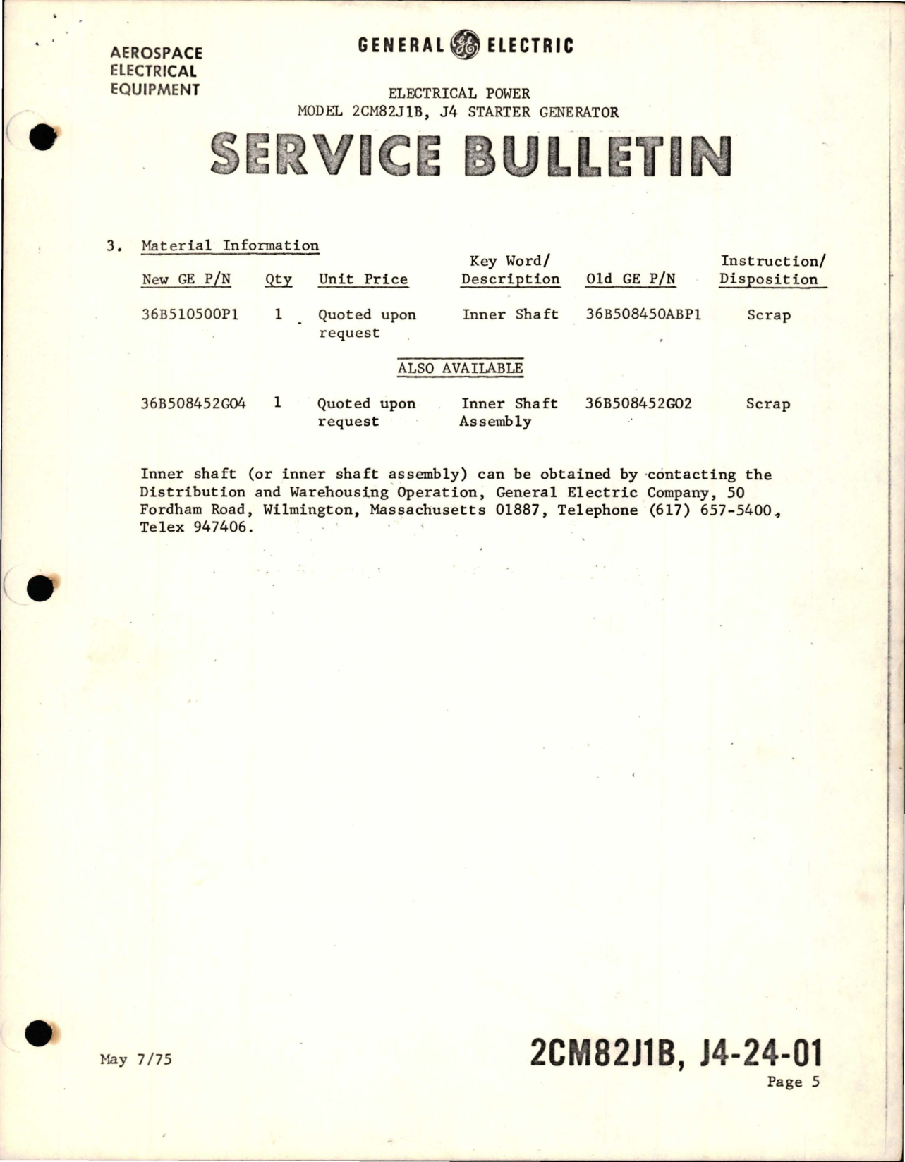 Sample page 5 from AirCorps Library document: Elecrtrical Power on J4 Starter Generator - Model 2CM82JB - Product Improved Inner Shaft - Part 36B510500P1 