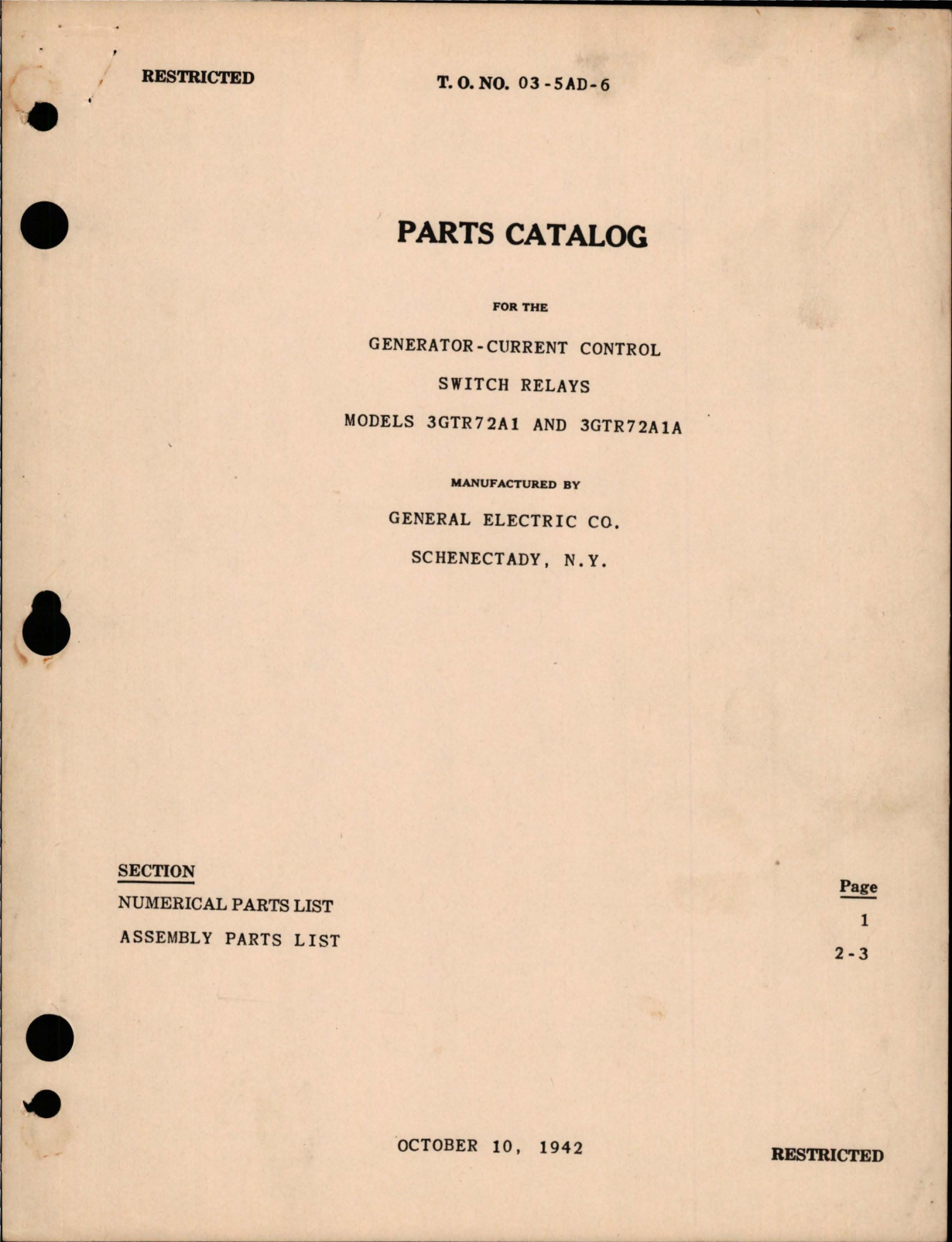 Sample page 1 from AirCorps Library document: Parts Catalog for Current Control Generator Switch Relays - Models 3GTR72A1 and 3GTR72A1A 