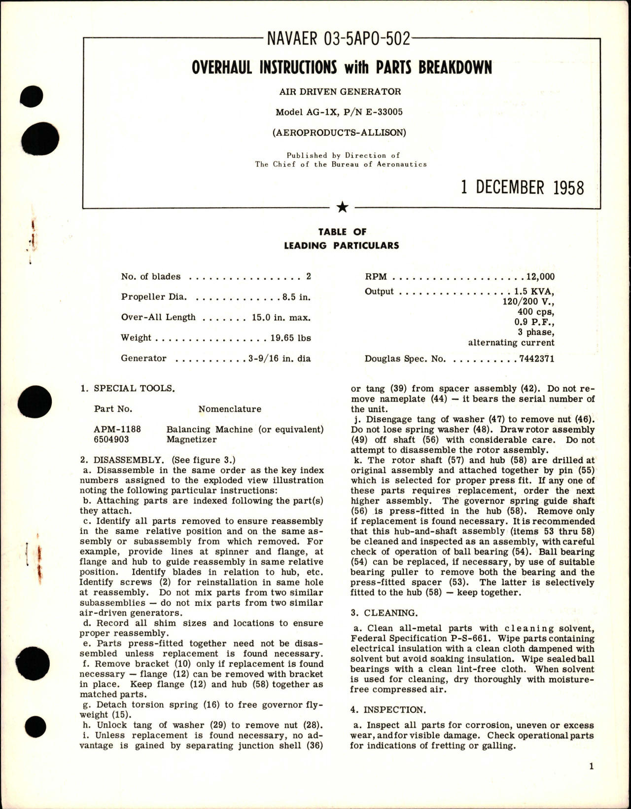 Sample page 1 from AirCorps Library document: Overhaul Instructions w Parts for Air Driven Generator - Model AG-1X