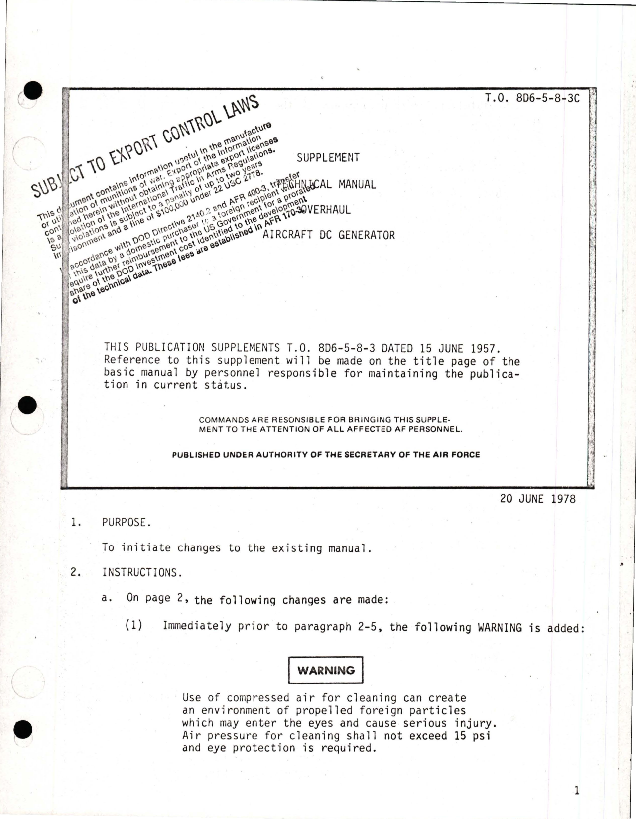 Sample page 1 from AirCorps Library document: Supplement to Overhaul Manual for DC Generator 